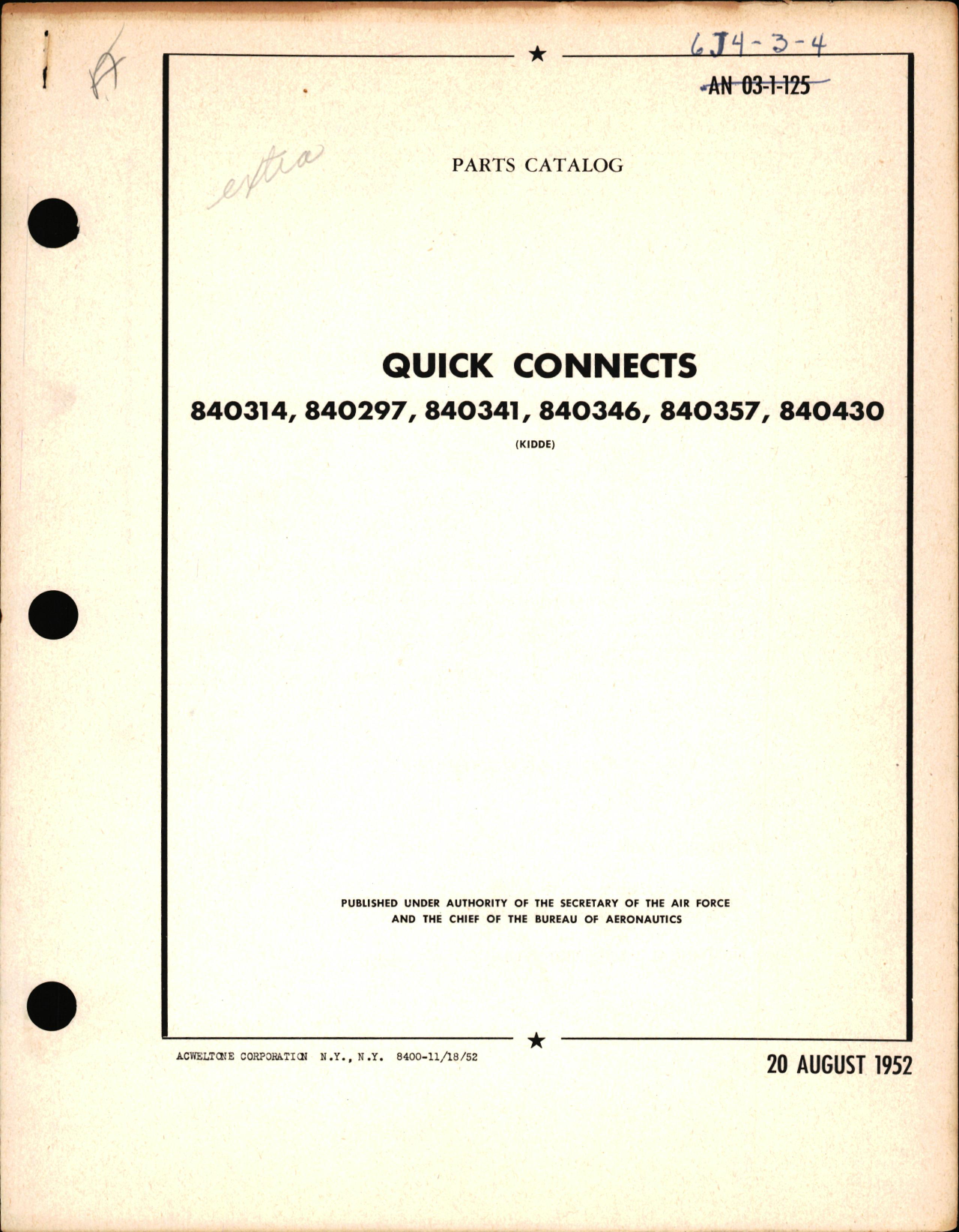 Sample page 1 from AirCorps Library document: Parts Catalog for Quick Connects Part Nos. 840314, 840297, 840341, 840346, 840357, 840340