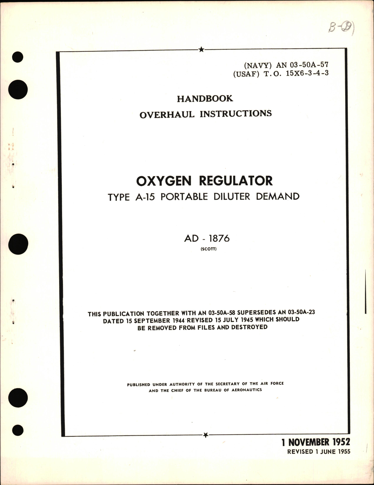 Sample page 1 from AirCorps Library document: Overhaul Instructions for Type A-15 Portable Diluter Demand Oxygen Regulator AD-1876