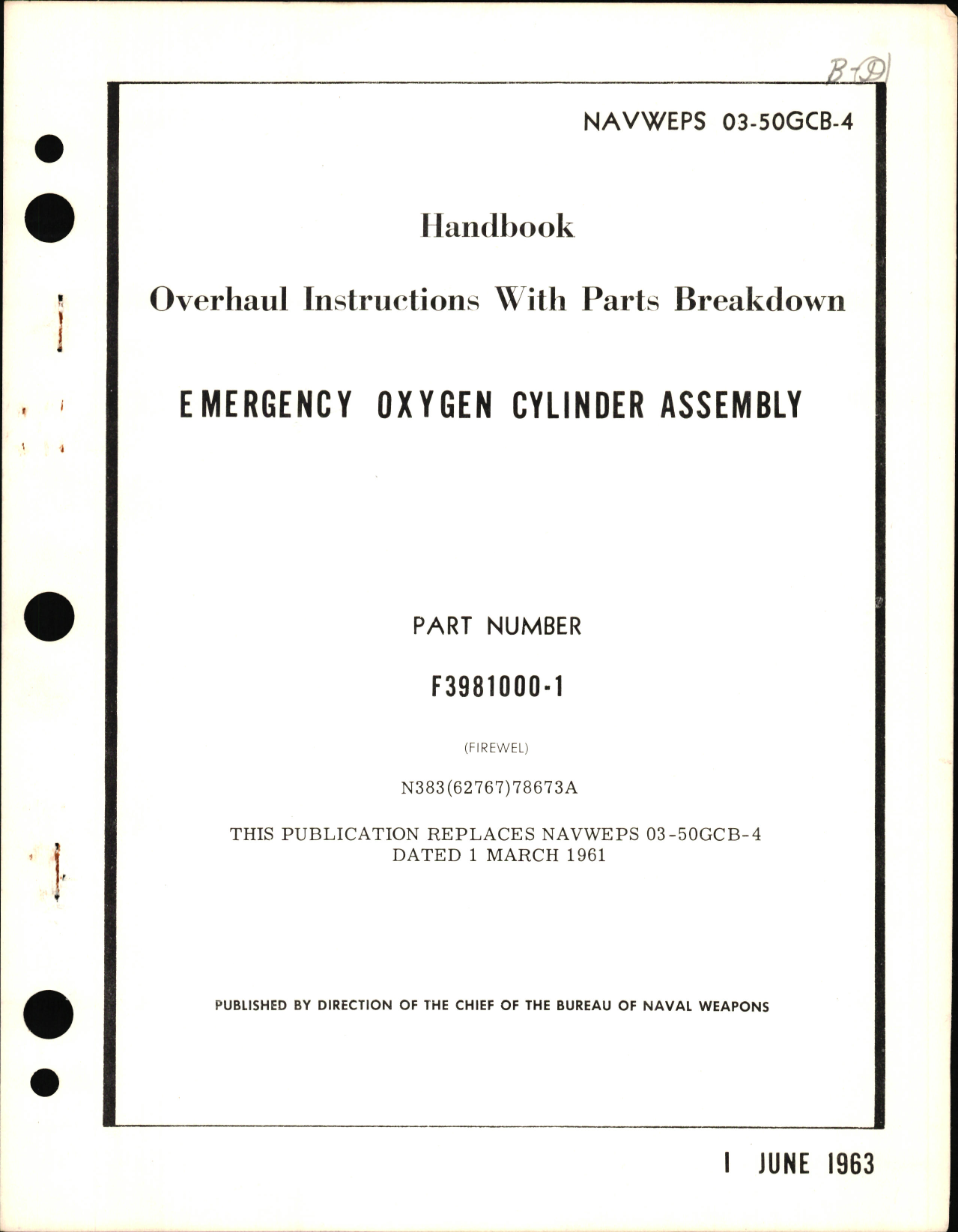 Sample page 1 from AirCorps Library document: Overhaul Instructions with Parts Breakdown for Emergency Oxygen Cylinder Assembly PN 3981000-1