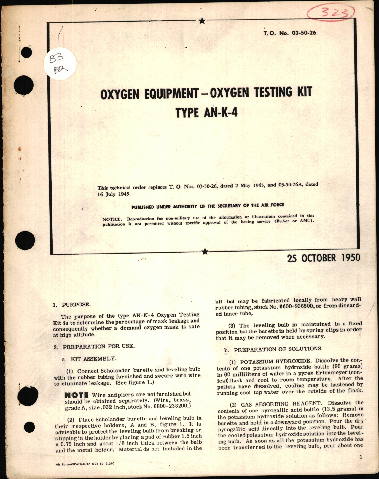 Sample page 1 from AirCorps Library document:  Oxygen Equipment - Oxygen Testing Kit Type AN-K-4, 