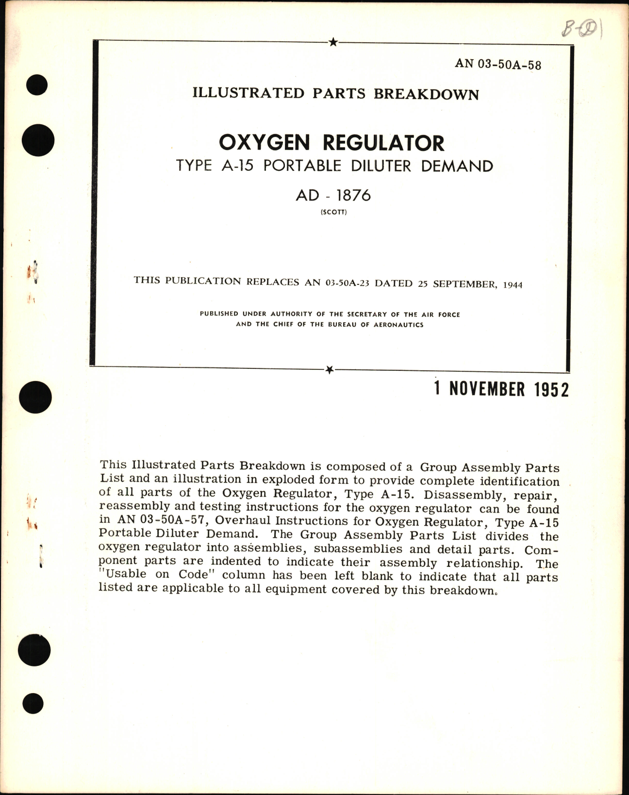 Sample page 1 from AirCorps Library document: Illustrated Parts Breakdown for Oxygen Regulator Type A-15 Portable Diluter Demand AD-1876