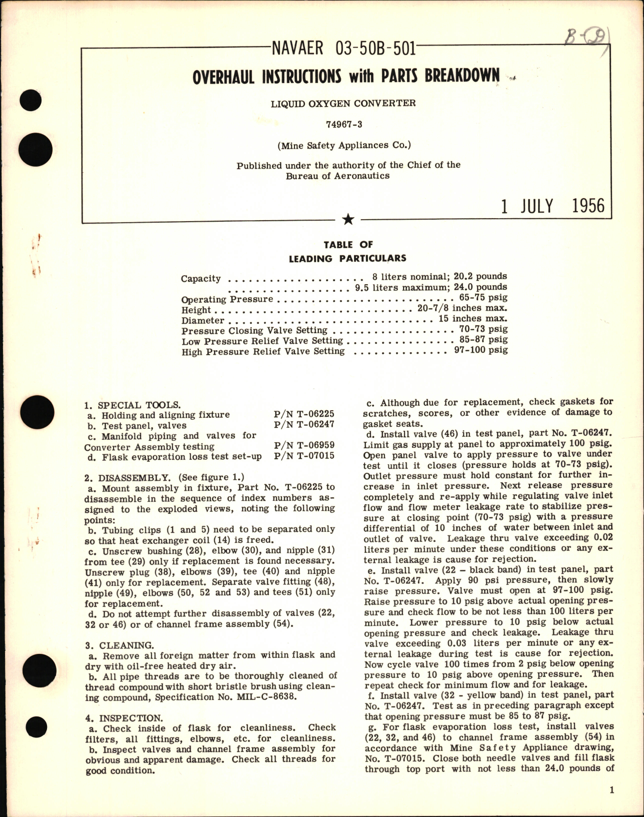 Sample page 1 from AirCorps Library document: Overhaul Instructions with Parts Breakdown for Liquid Oxygen Converter 74967-3