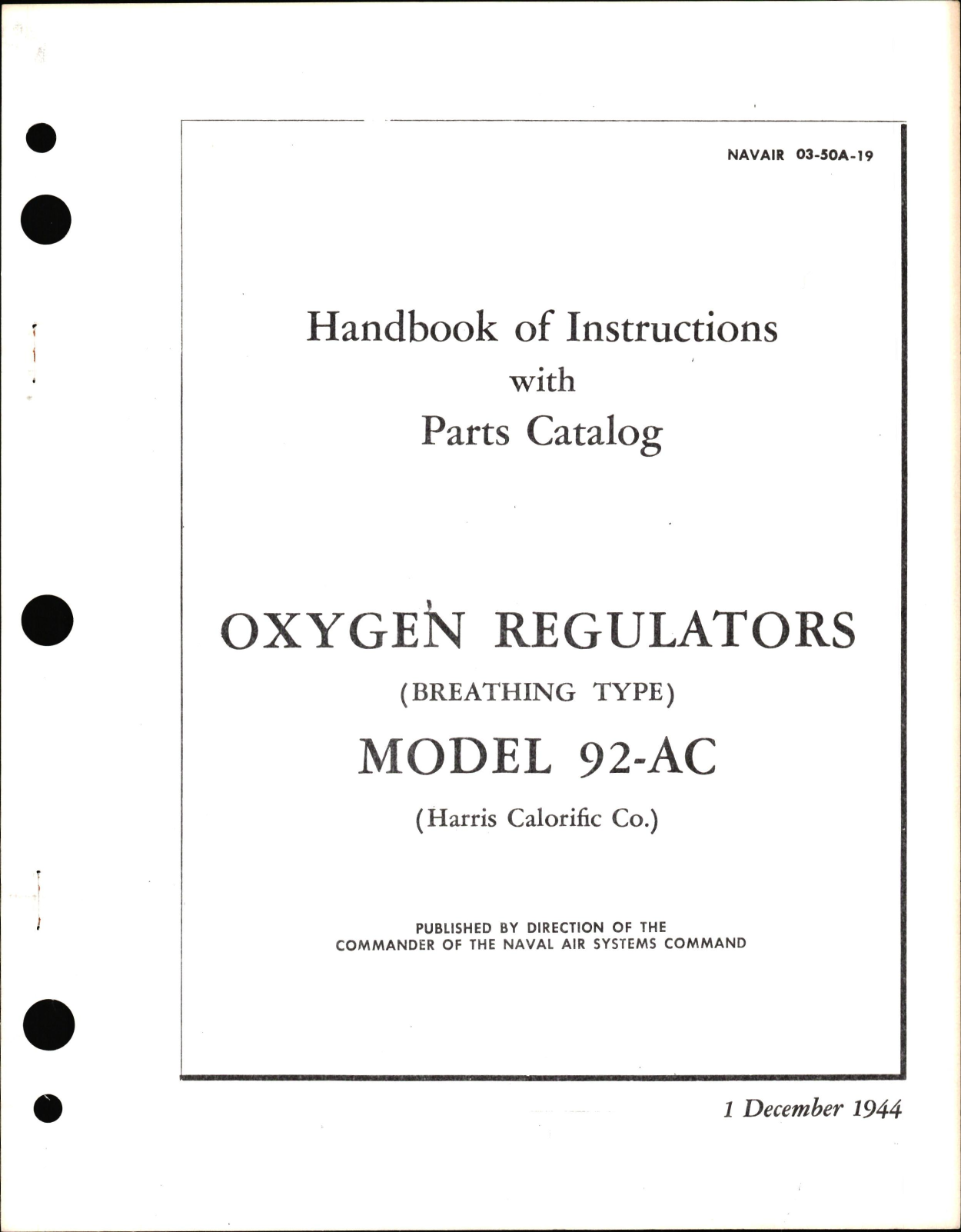 Sample page 1 from AirCorps Library document: Instructions with Parts Catalog for Breathing Type Oxygen Regulators Model 92-AC 