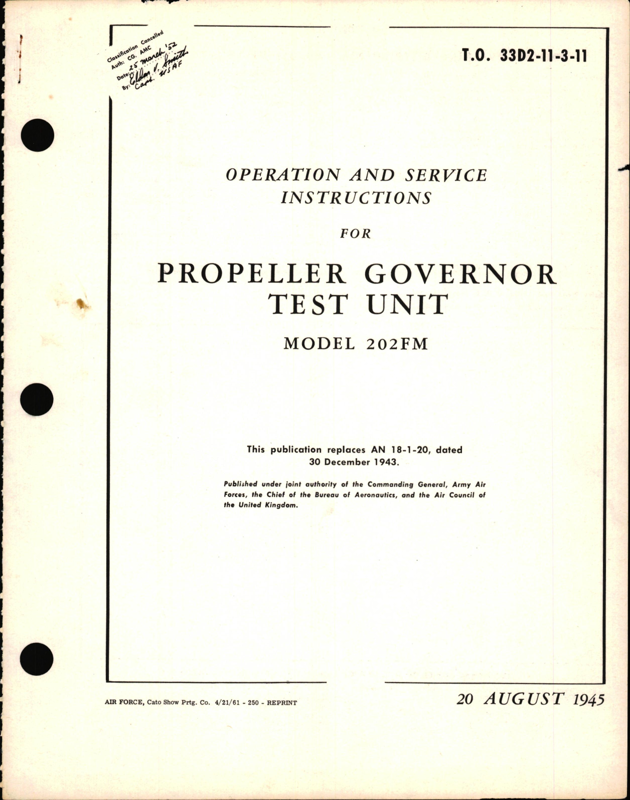 Sample page 1 from AirCorps Library document: Operation and Service Instructions for Propeller Governor Test Unit Model 202FM