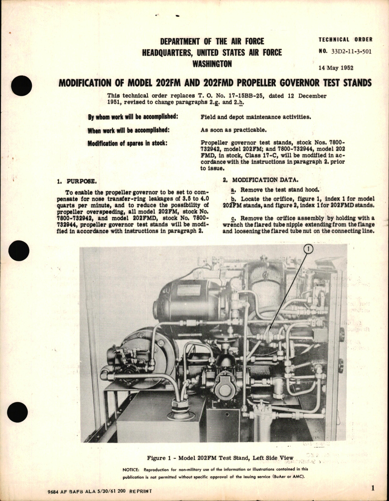 Sample page 1 from AirCorps Library document: Modification of Model 202FM & 202FMD Propeller Governor Test Stands