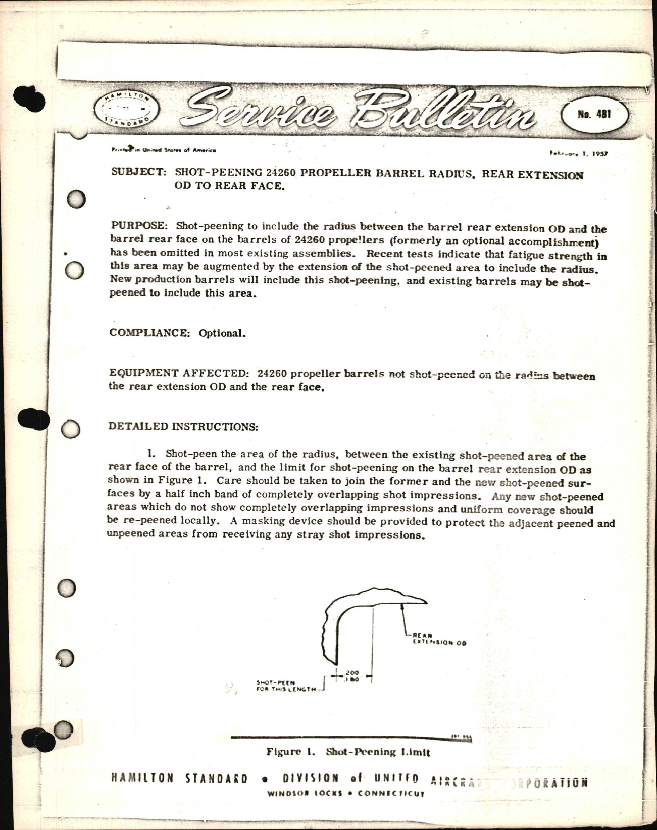 Sample page 1 from AirCorps Library document: Shot-Peening 24260 Propeller Barrel Radius, Rear Extension OD to Rear Face