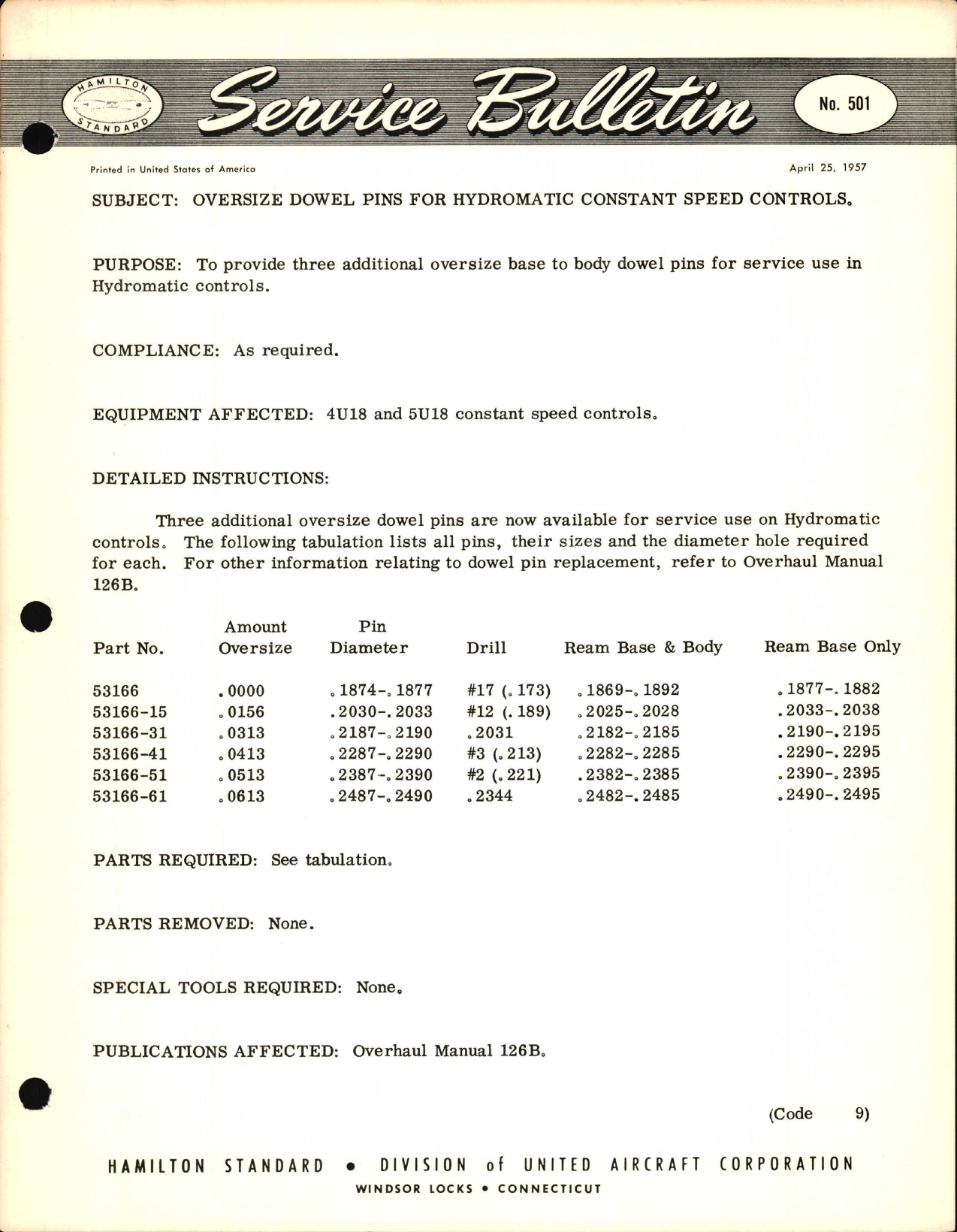 Sample page 1 from AirCorps Library document: Oversize Dowel Pins for Hydromatic Constant Speed Controls