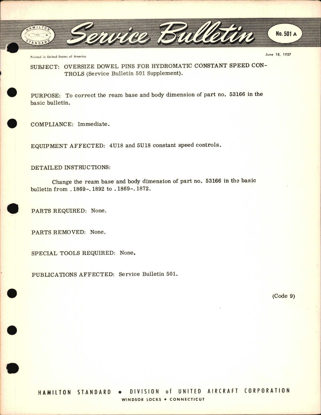 Sample page 1 from AirCorps Library document: Oversize Dowel Pins for Hydromatic Constant Speed Controls