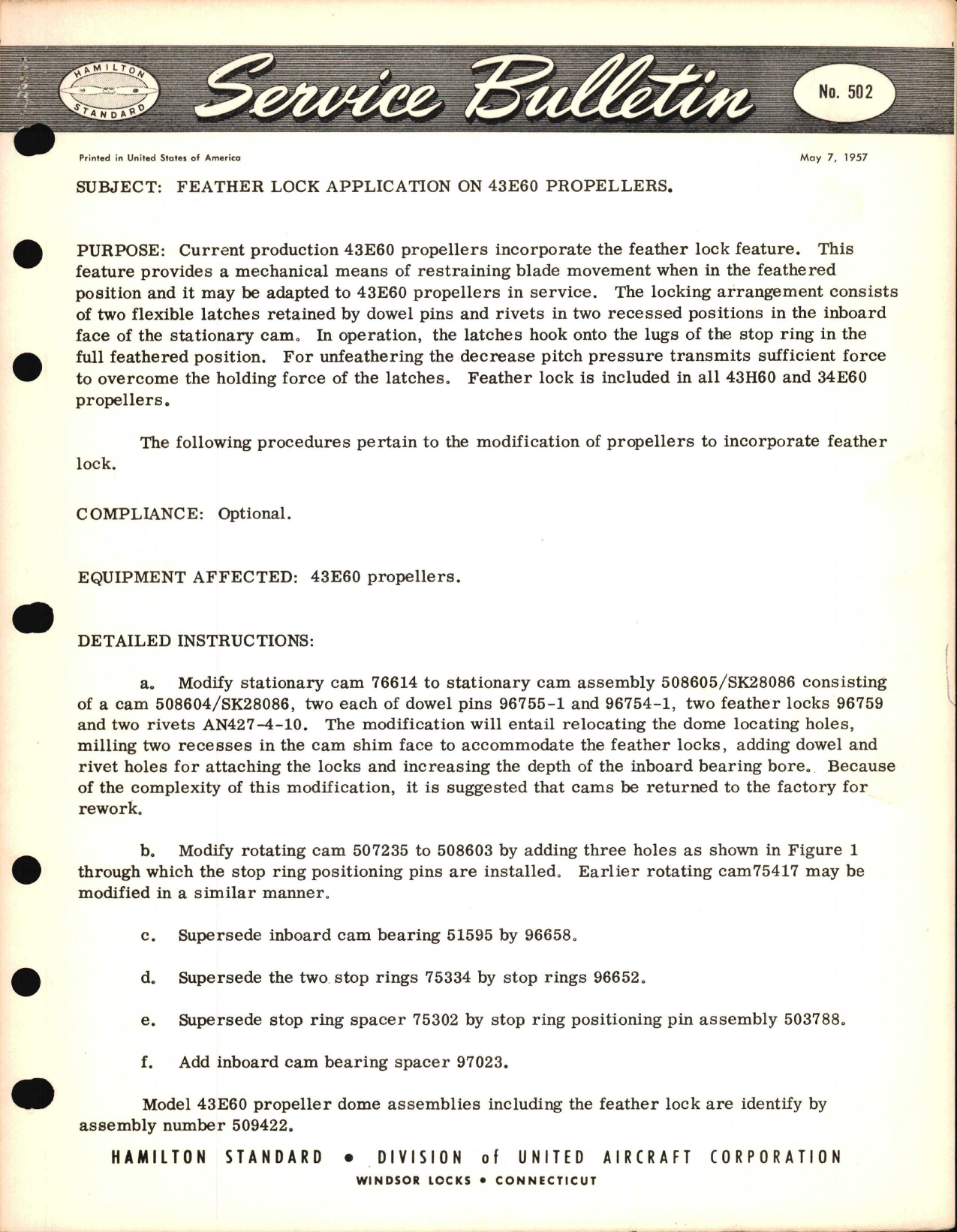 Sample page 1 from AirCorps Library document: Feather Lock Application on 43E60 Propellers