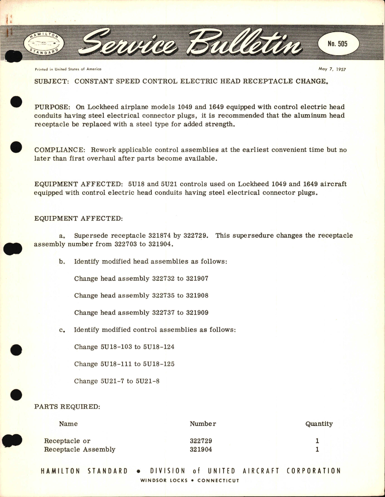 Sample page 1 from AirCorps Library document: Constant Speed Control Electric Head Receptacle Change
