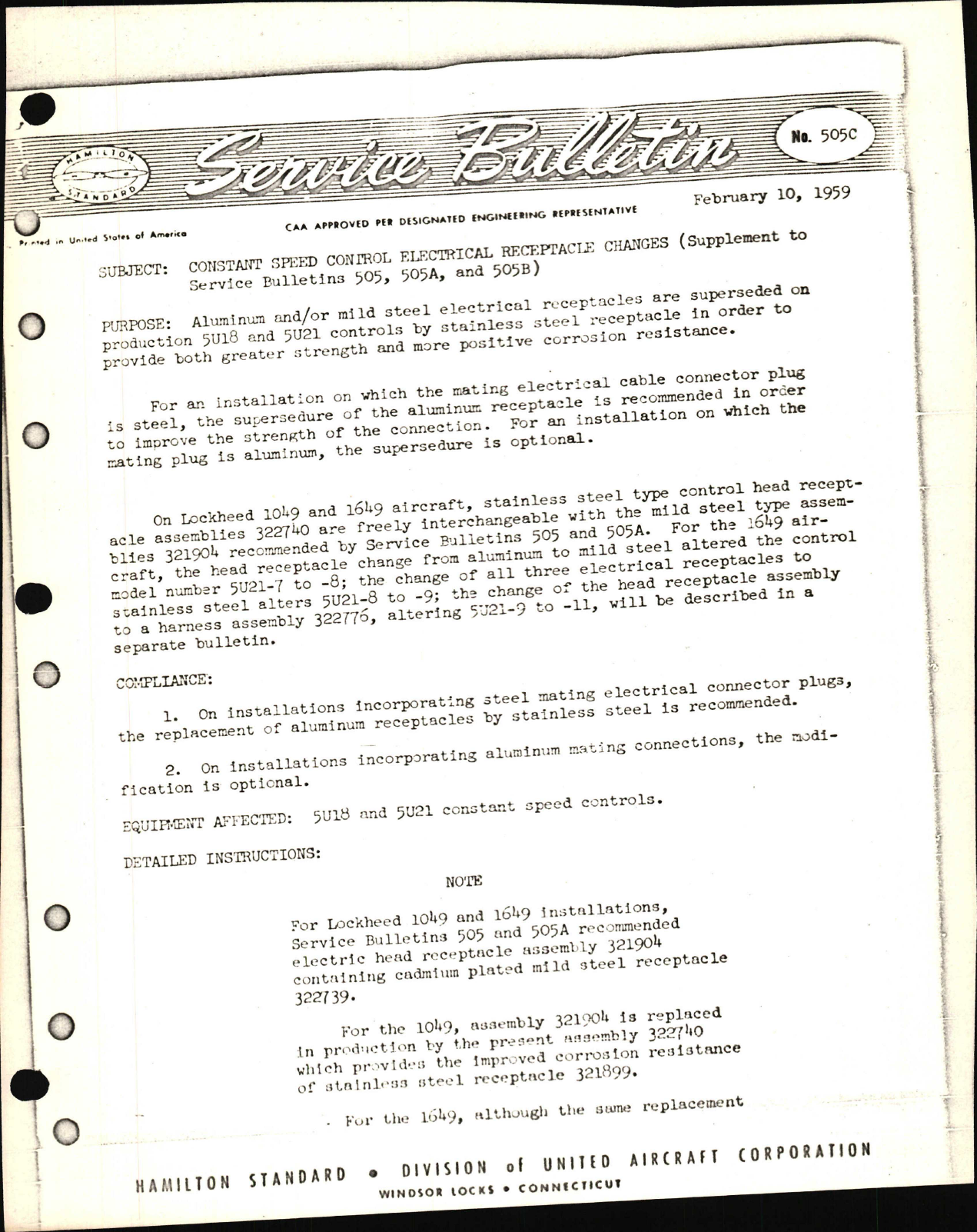 Sample page 1 from AirCorps Library document: Constant Speed Control Electric Head Receptacle Change