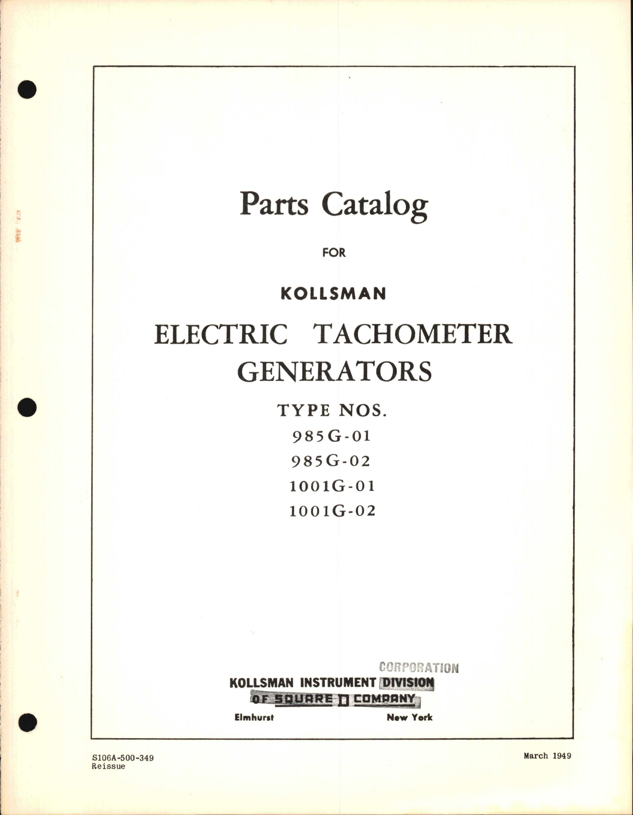 Sample page 1 from AirCorps Library document: Parts Catalog for Kollsman Electric Tachometer Generators 985G and 1001G