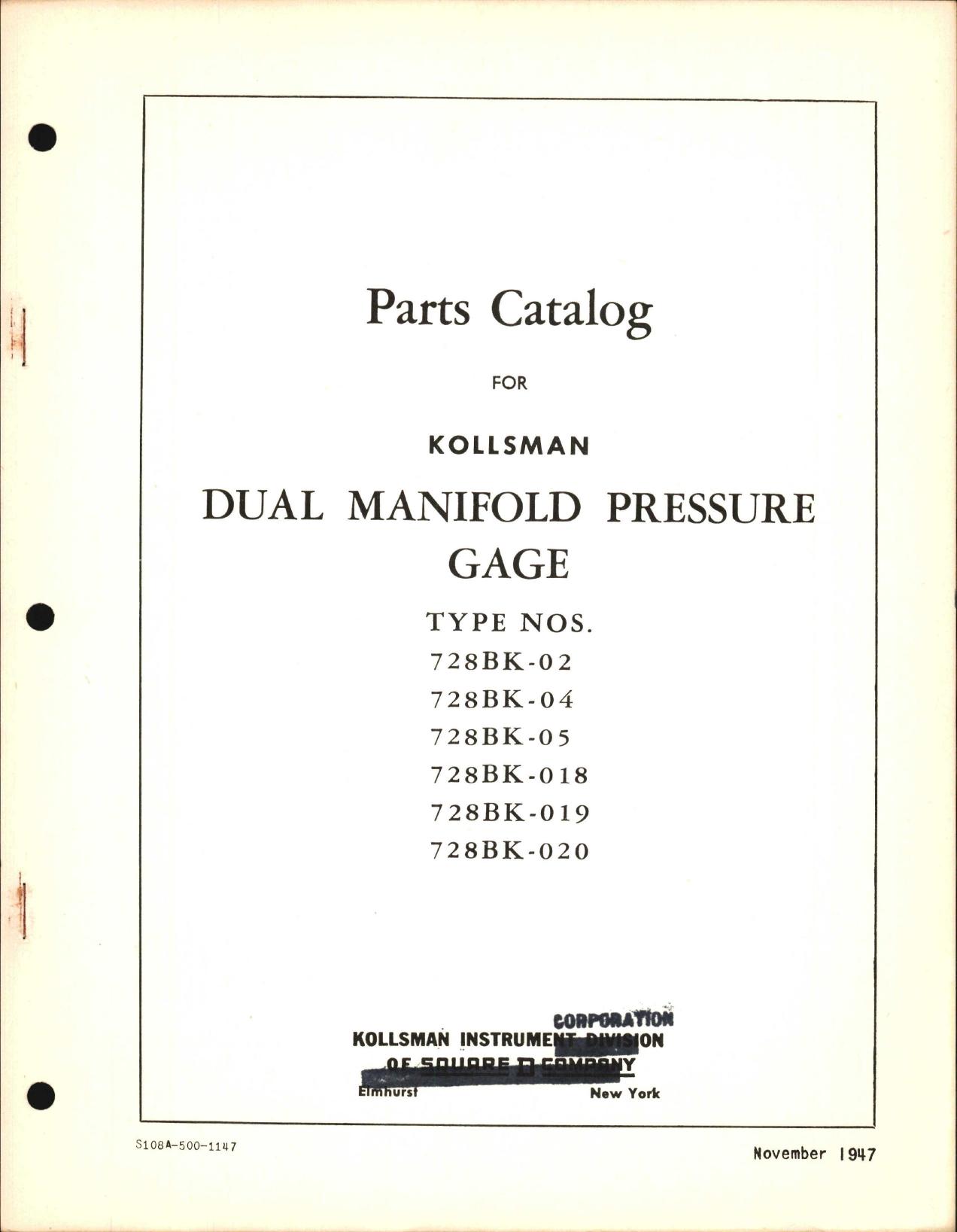 Sample page 1 from AirCorps Library document: Parts Catalog for Kollsman Dual Manifold Pressure Gage