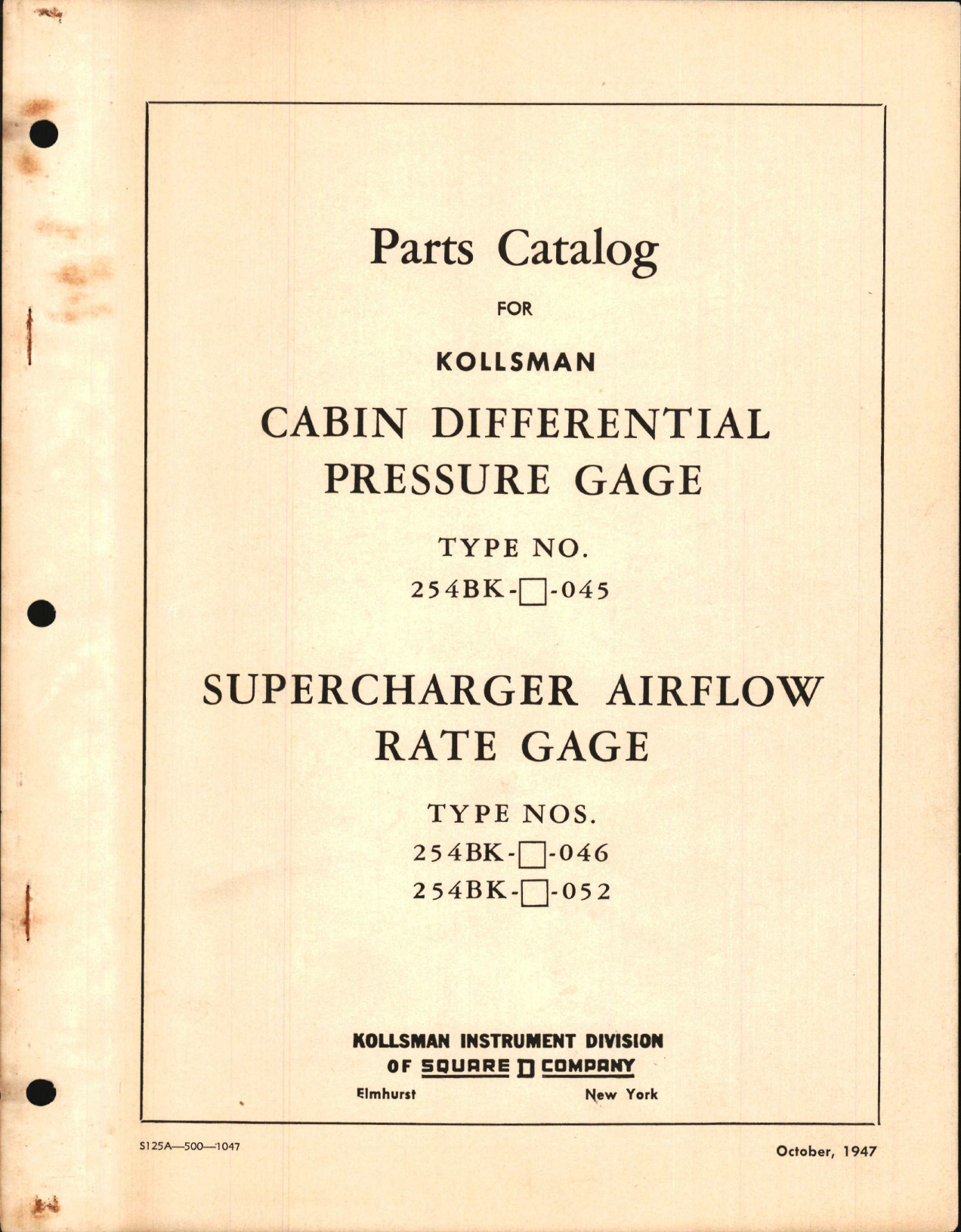 Sample page 1 from AirCorps Library document: Parts Catalog for Kollsman Cabin Differential Pressure Gage and Supercharger Airflow Rate Gage
