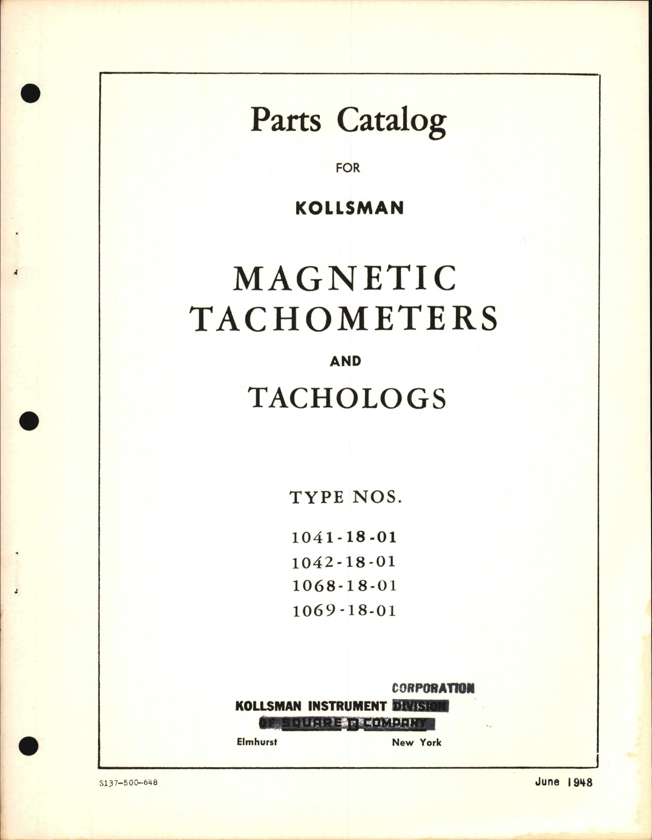 Sample page 1 from AirCorps Library document: Parts Catalog for Kollsman Magnetic Tachometers and Tachologs