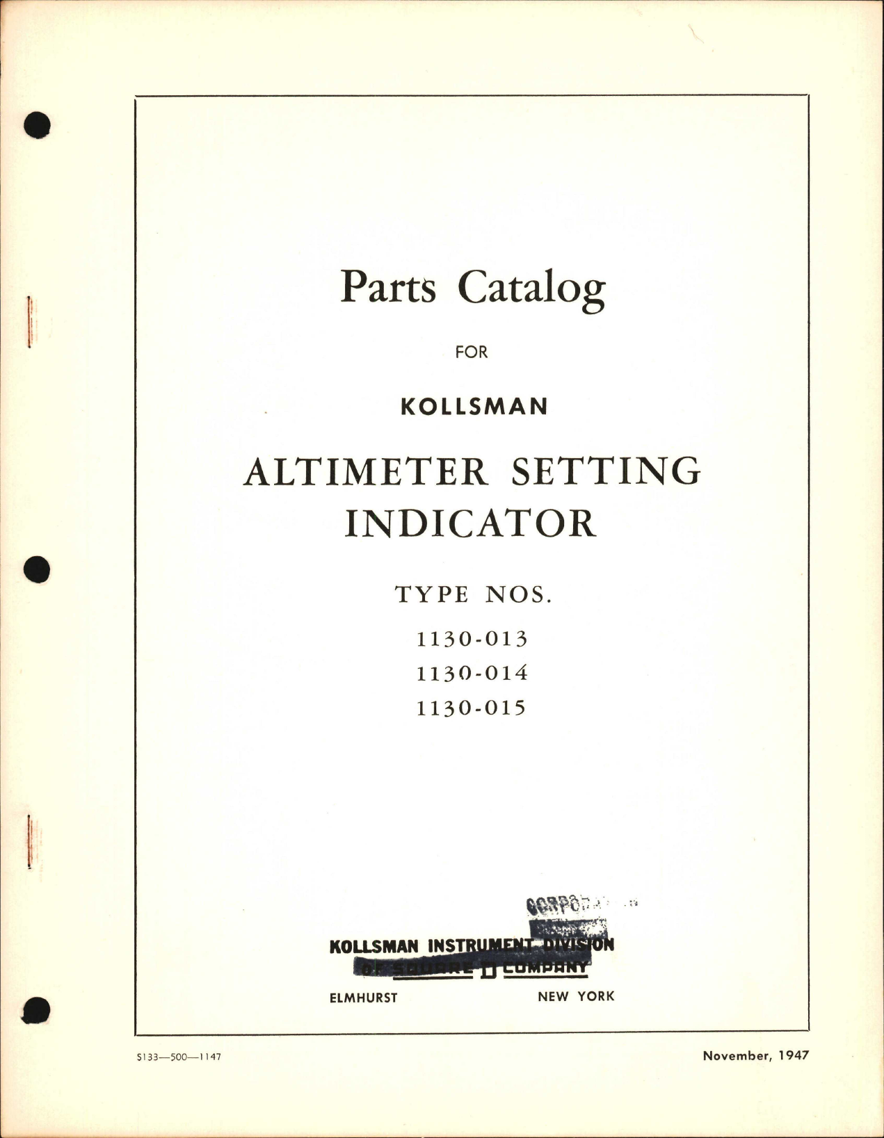 Sample page 1 from AirCorps Library document: S133-500-1147, Parts Catalog for Kollsman Altimeter Setting Indicator, Nov-1947, FKohler