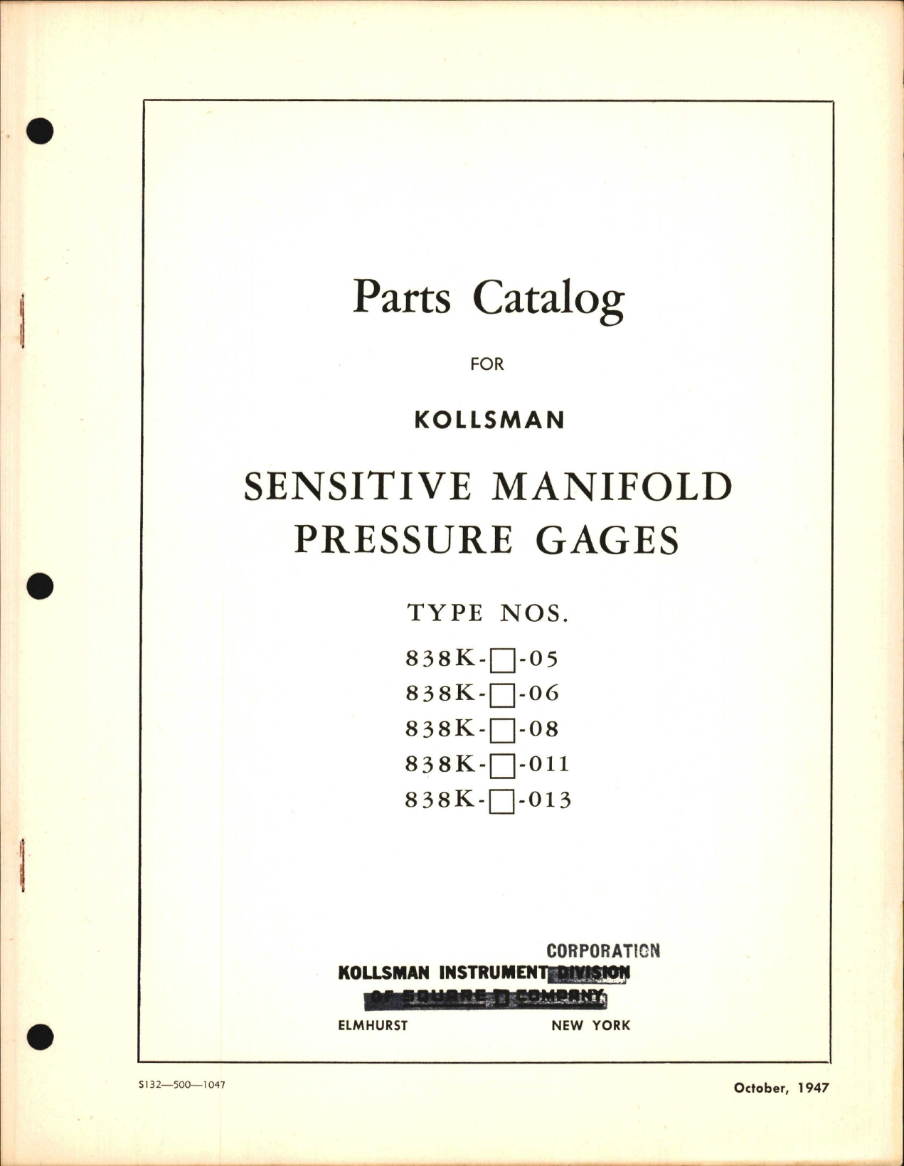 Sample page 1 from AirCorps Library document: Parts Catalog for Kollsman Sensitive Manifold Pressure Gages