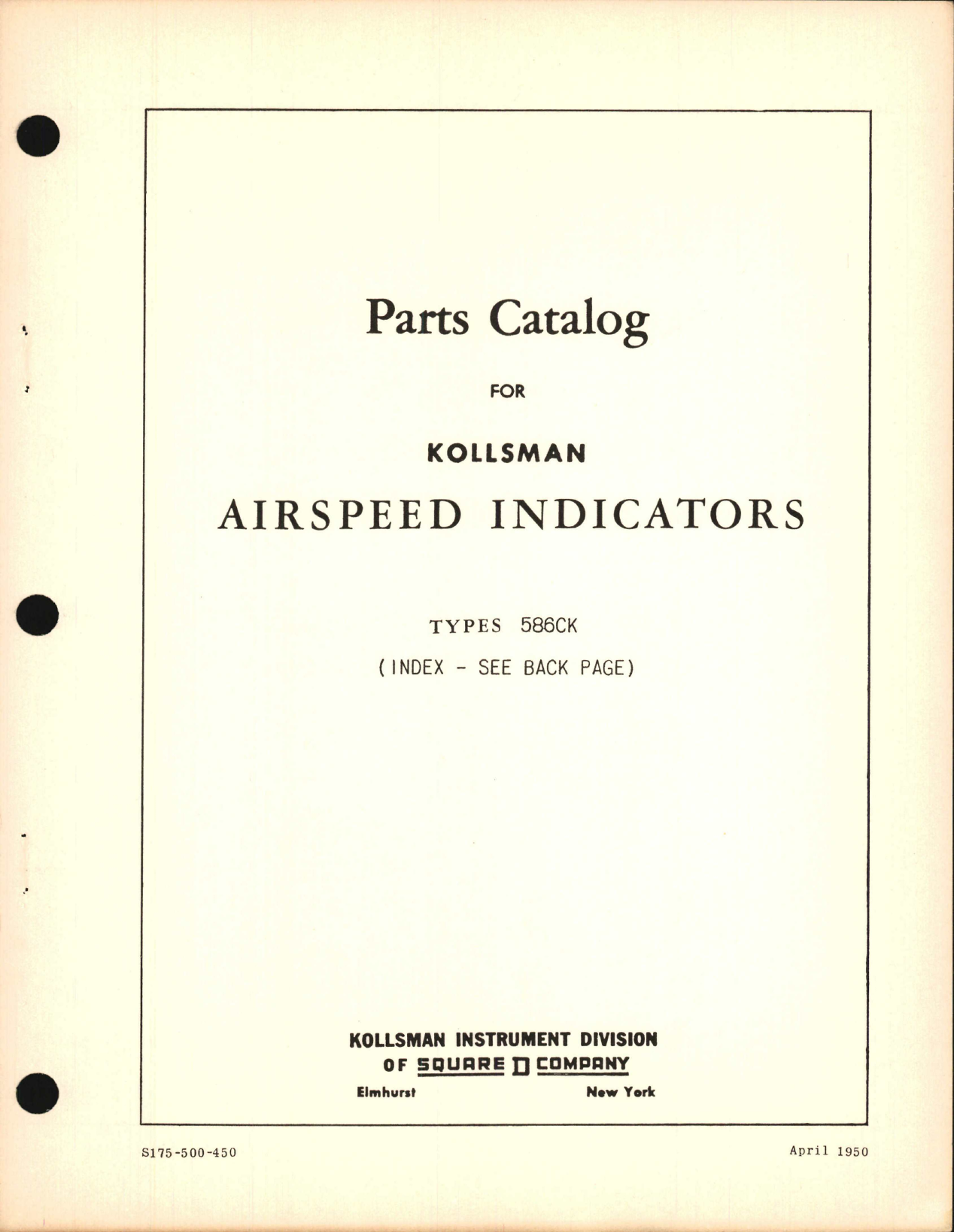 Sample page 1 from AirCorps Library document: Parts Catalog for Kollsman Air Speed Indicators Types 586CK