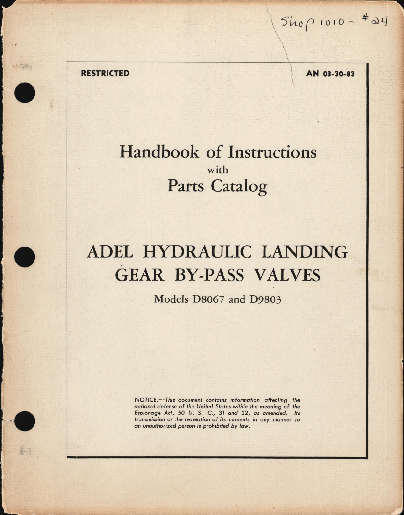 Sample page 1 from AirCorps Library document: Instructions with Parts Catalog for Adel Hydraulic Landing Gear By-Pass Valves