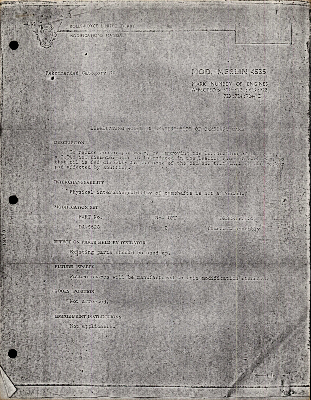 Sample page 1 from AirCorps Library document: Lubricating Holes in Leading Side of Camshaft CAM3