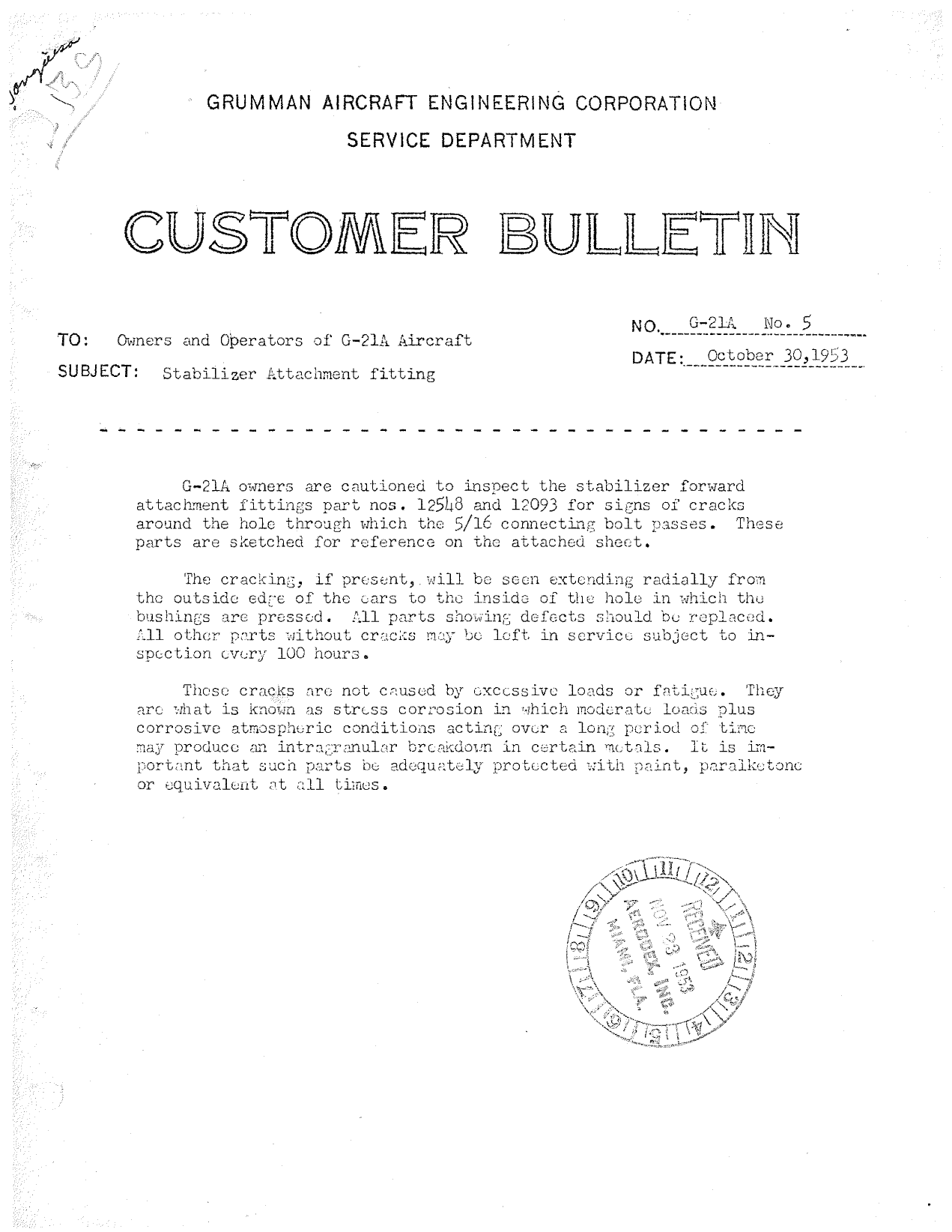 Sample page 1 from AirCorps Library document: Stabilizer Attachment Fitting for Model G-21A