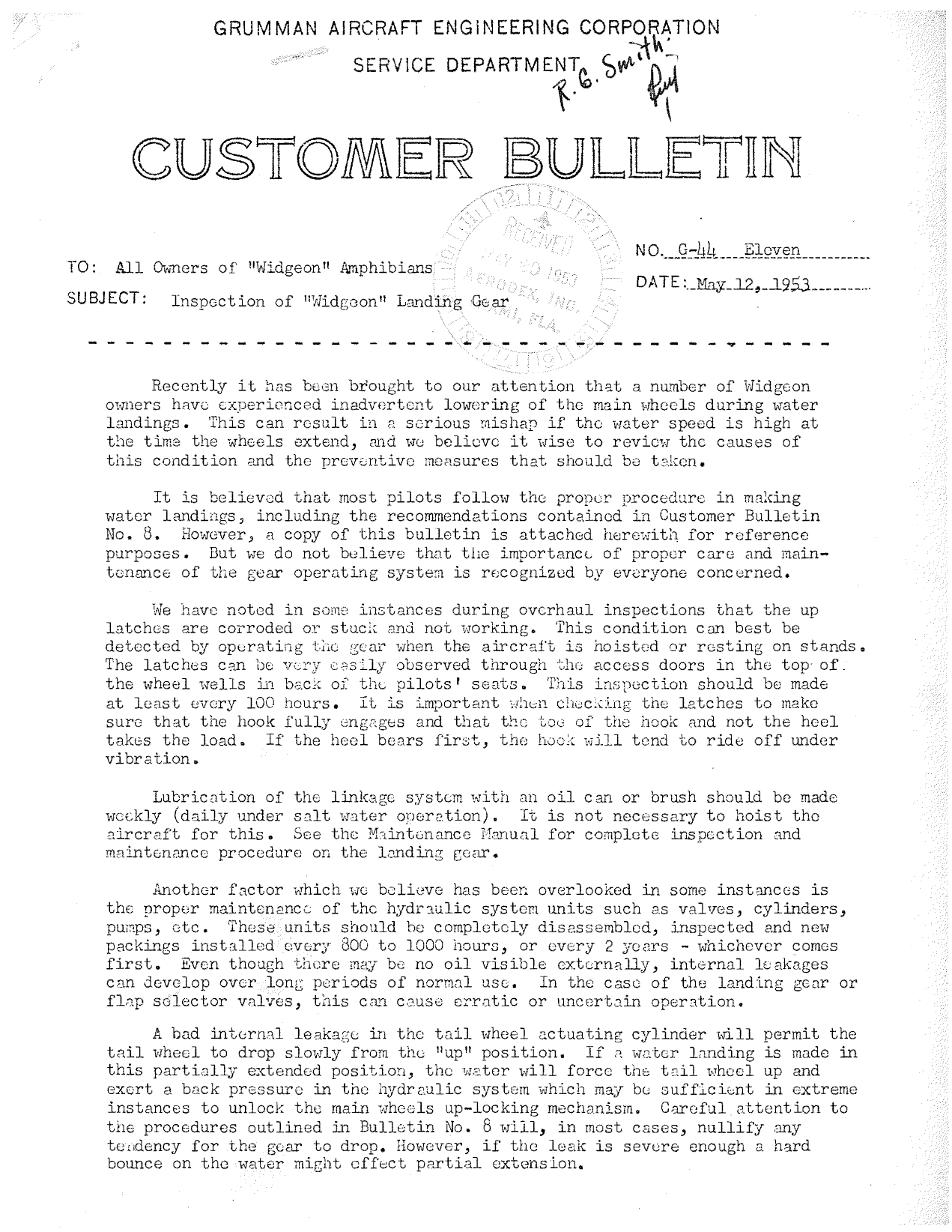 Sample page 1 from AirCorps Library document: Inspection of Widgeon Landing Gear for Model G-44