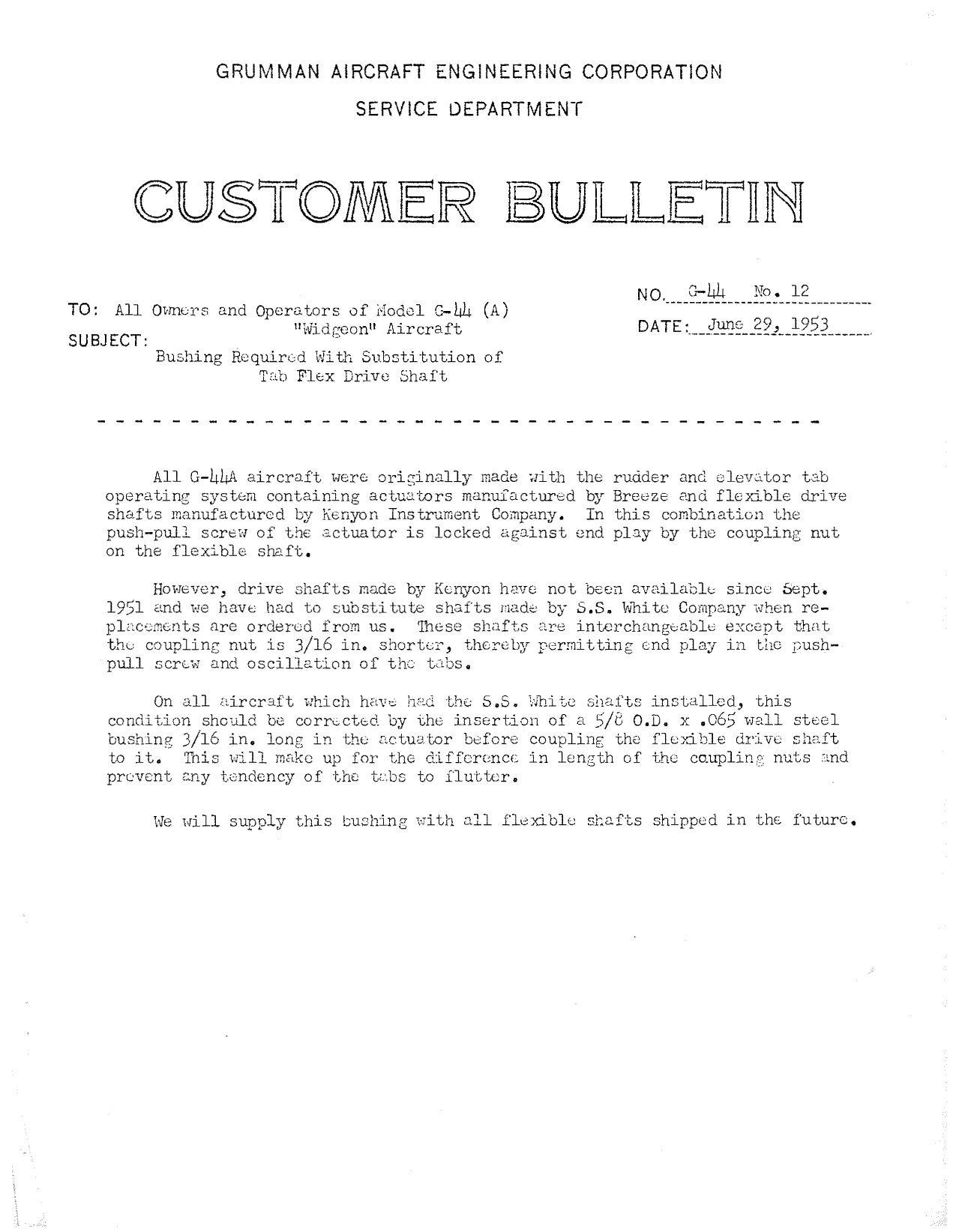 Sample page 1 from AirCorps Library document: Bushing Required with Substitution of Tab Flex Drive Shaft for Widgeon Model G-44