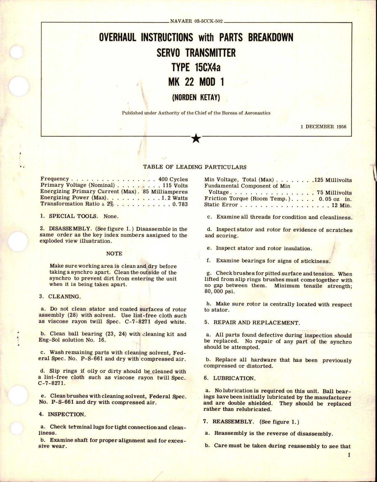 Sample page 1 from AirCorps Library document: Overhaul Instructions with Parts Breakdown for Servo Transmitter - Type 15CX4a - MK 22 MOD 1