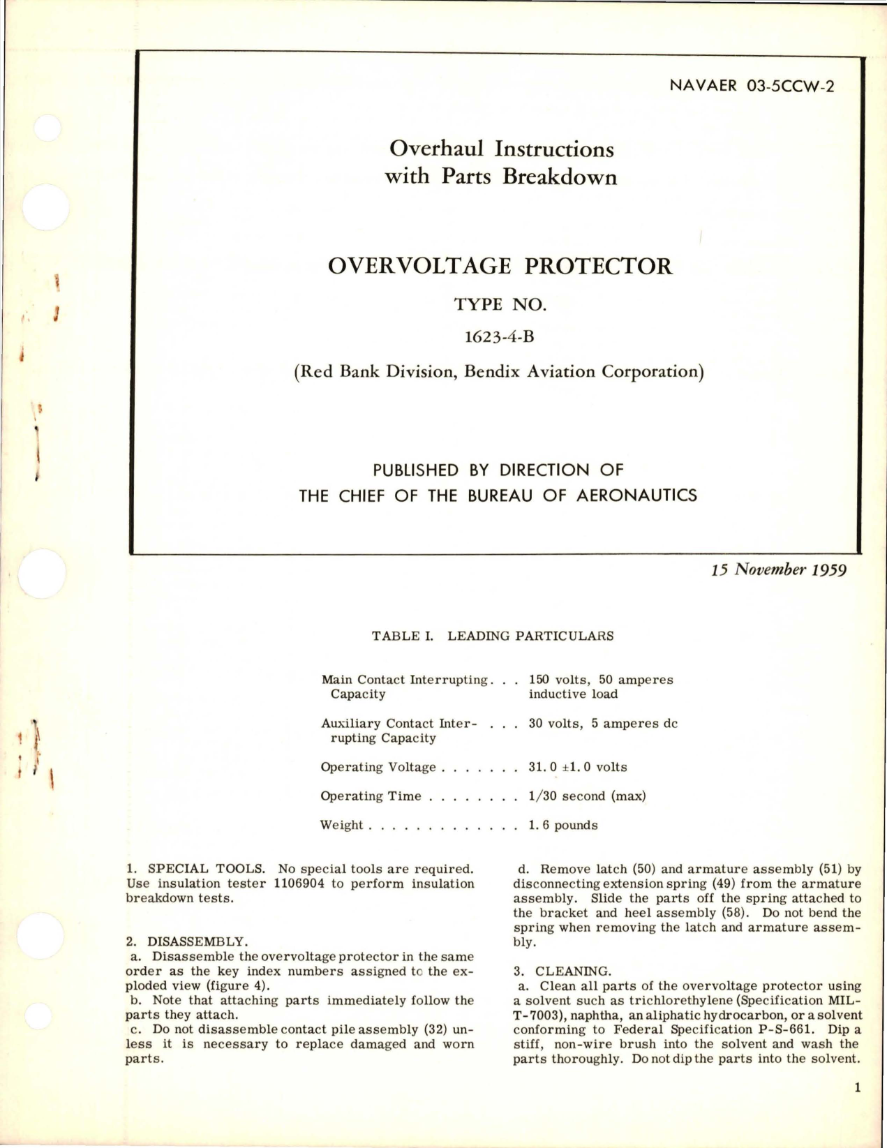 Sample page 1 from AirCorps Library document: Overhaul Instructions with Parts Breakdown for Overvoltage Protector - Type 1623-4-B