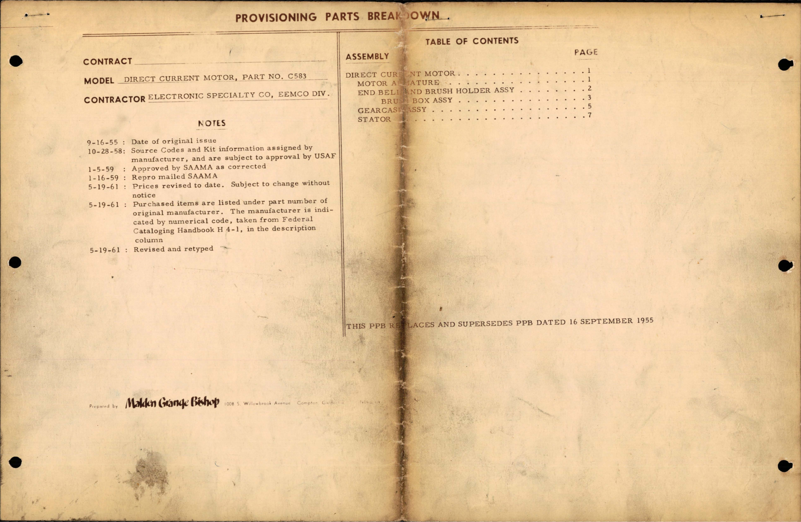 Sample page 1 from AirCorps Library document: Provisioning Parts Breakdown for Direct Current Motor - Part C583