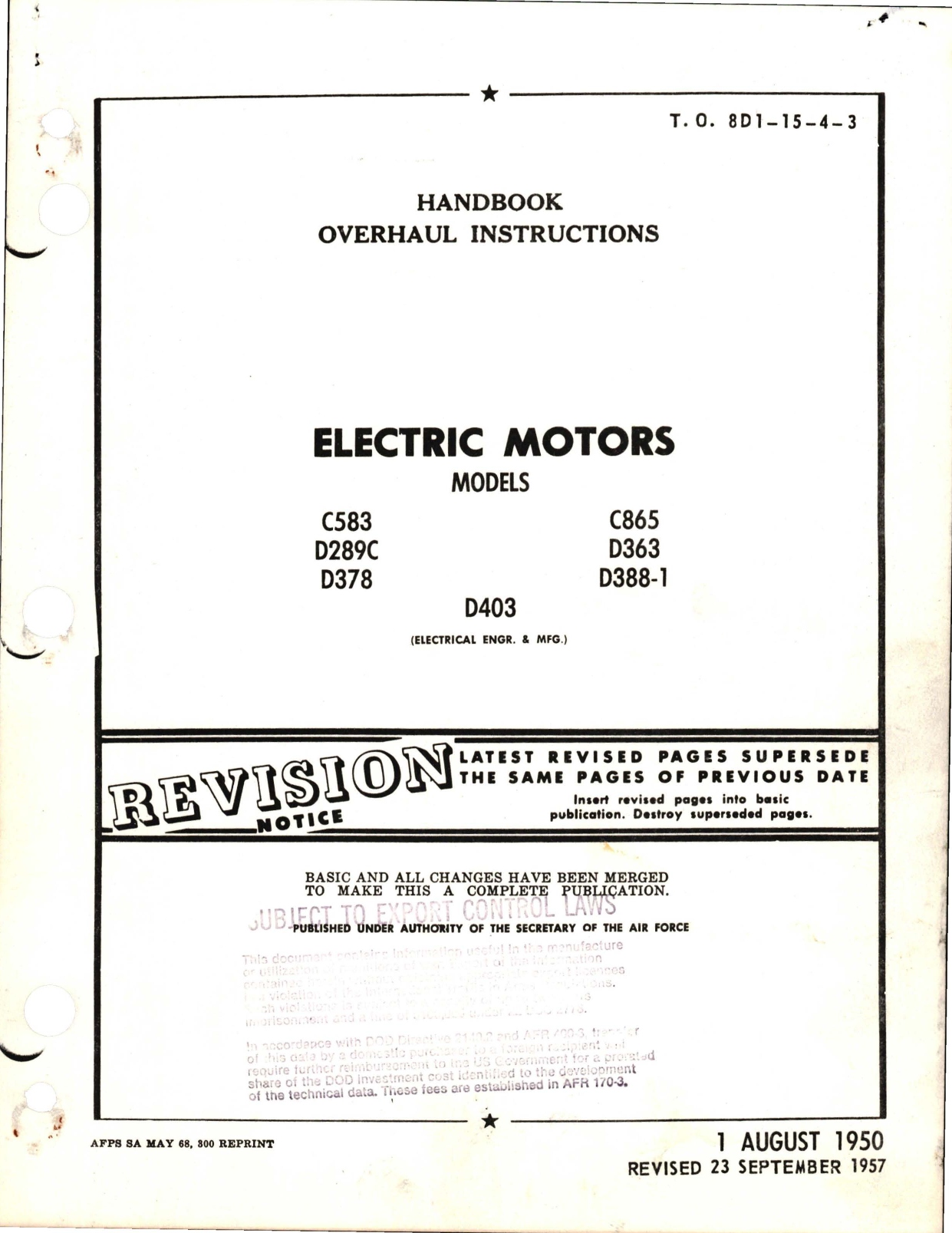 Sample page 1 from AirCorps Library document: Revision to Overhaul Instructions for Electric Motors 