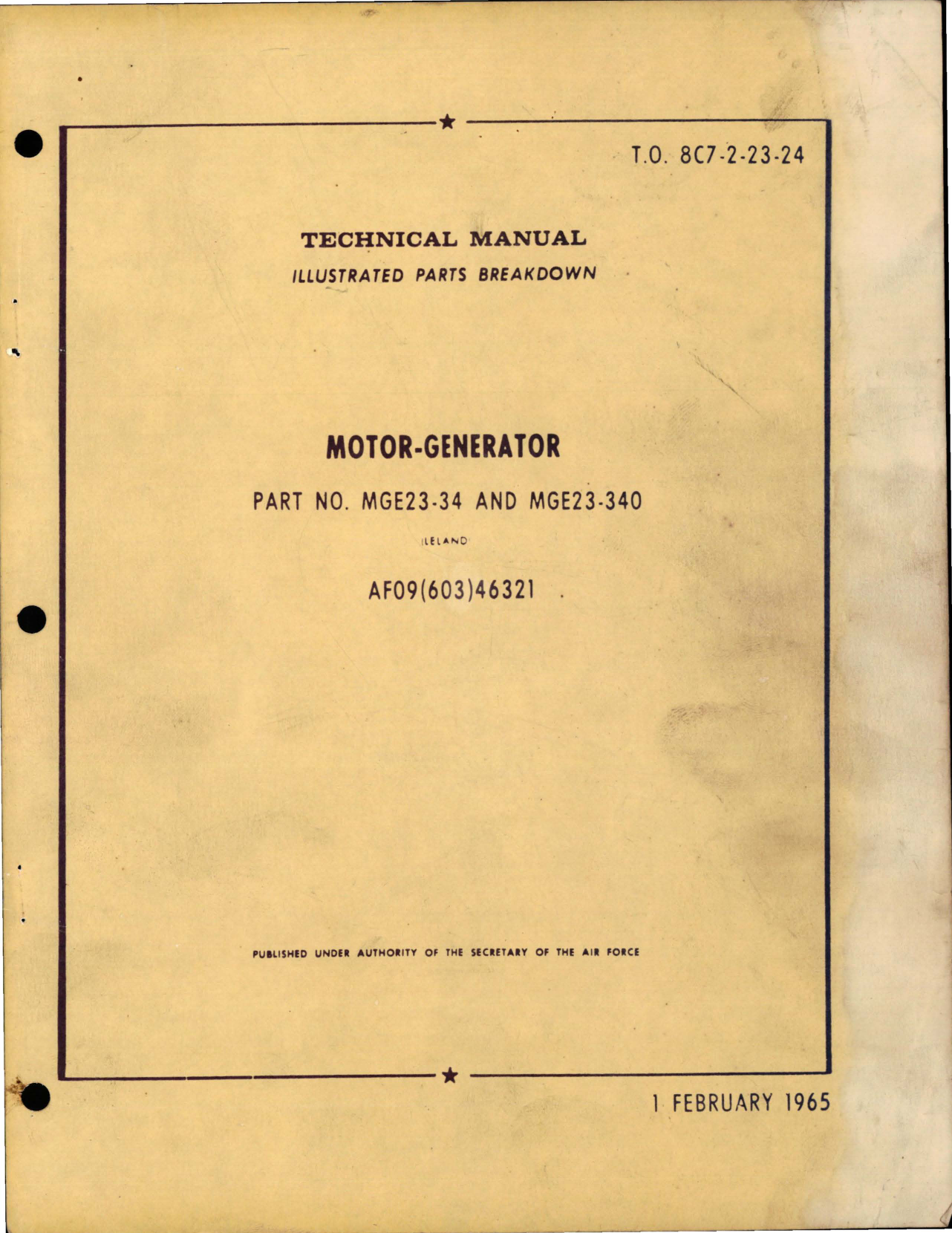 Sample page 1 from AirCorps Library document: Illustrated Parts Breakdown for Motor Generator - Part MGE23-34 and MGE23-340