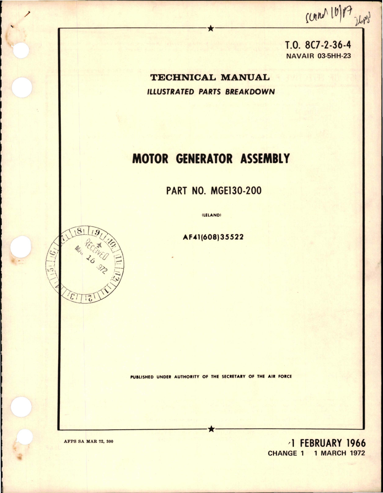 Sample page 1 from AirCorps Library document: Illustrated Parts Breakdown for Motor Generator Assembly - Part MGE130-200