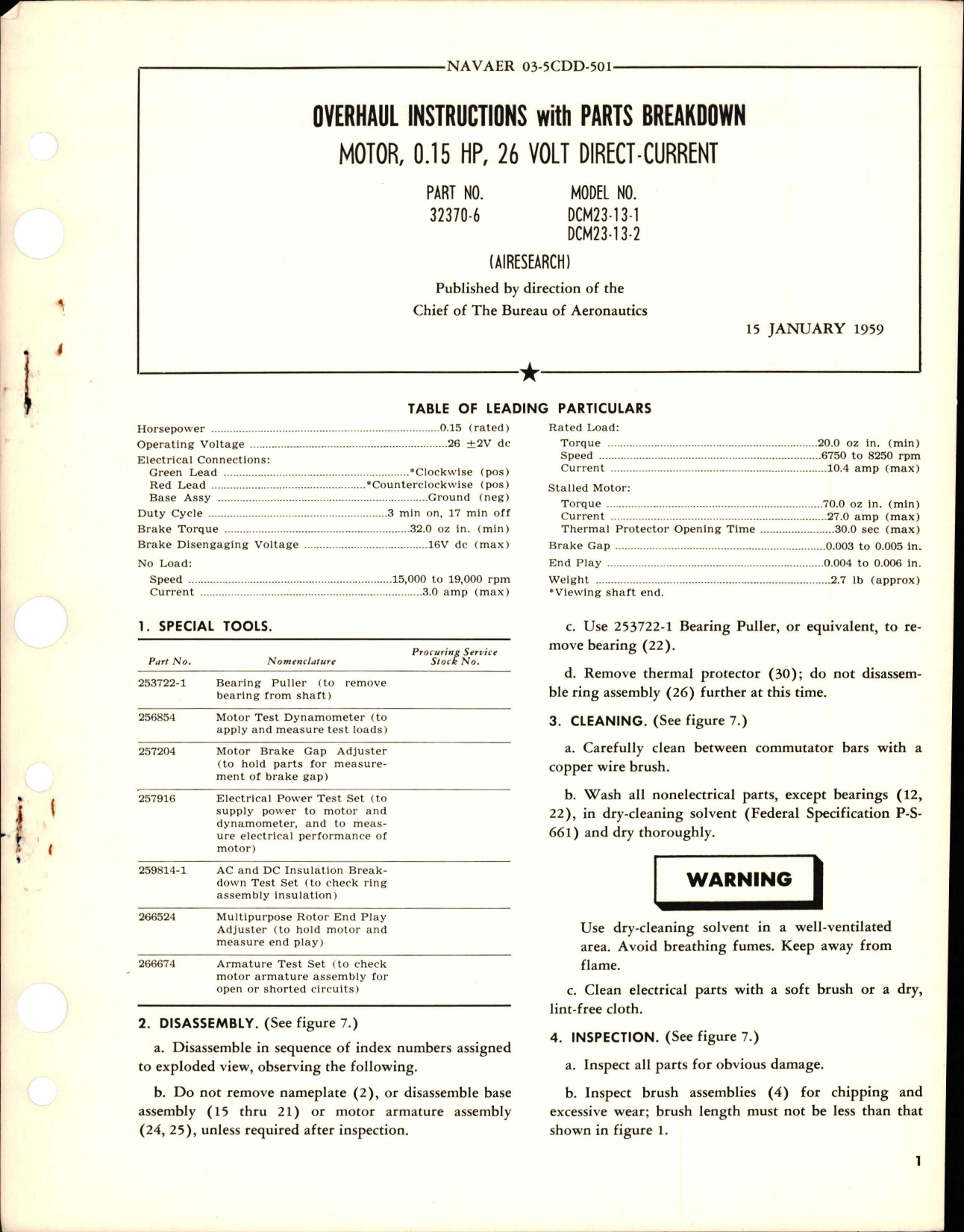 Sample page 1 from AirCorps Library document: Overhaul Instructions with Parts Breakdown for Direct Current Motor - 0.15 HP 26 Volt - Part 32370-6