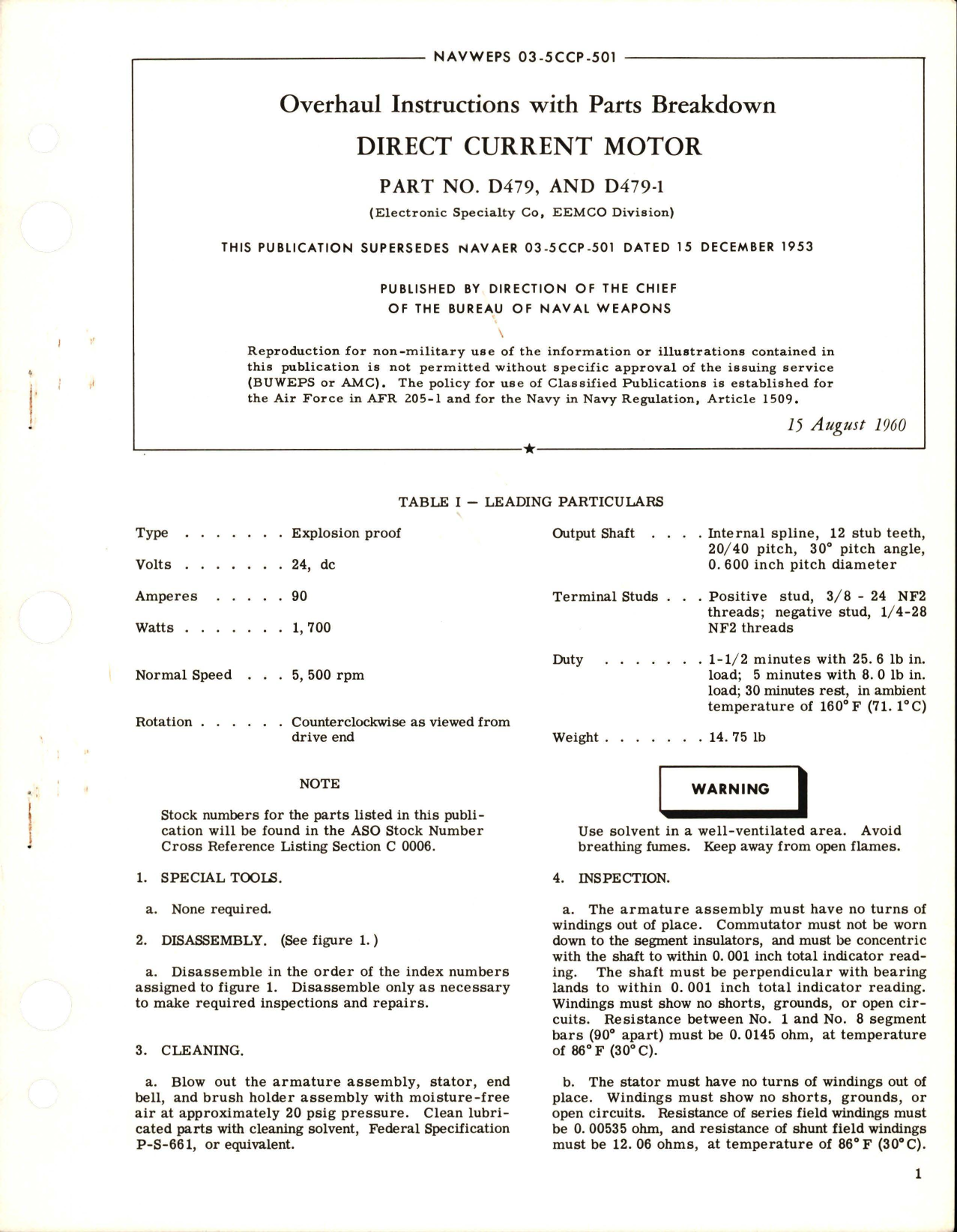 Sample page 1 from AirCorps Library document: Overhaul Instructions with Parts Breakdown for Direct Current Motor - Parts D479 and D479-1