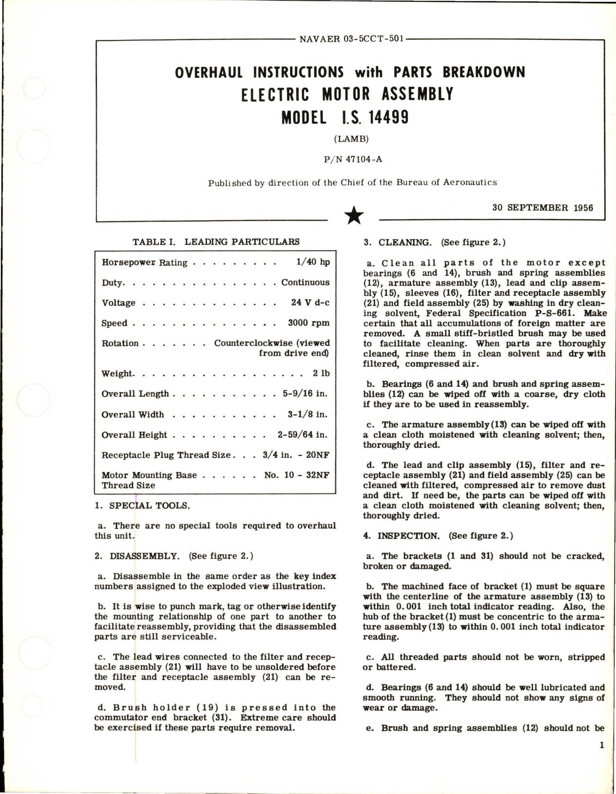 Sample page 1 from AirCorps Library document: Overhaul Instructions with Parts Breakdown for Electric Motor Assembly - Model IS 14499 