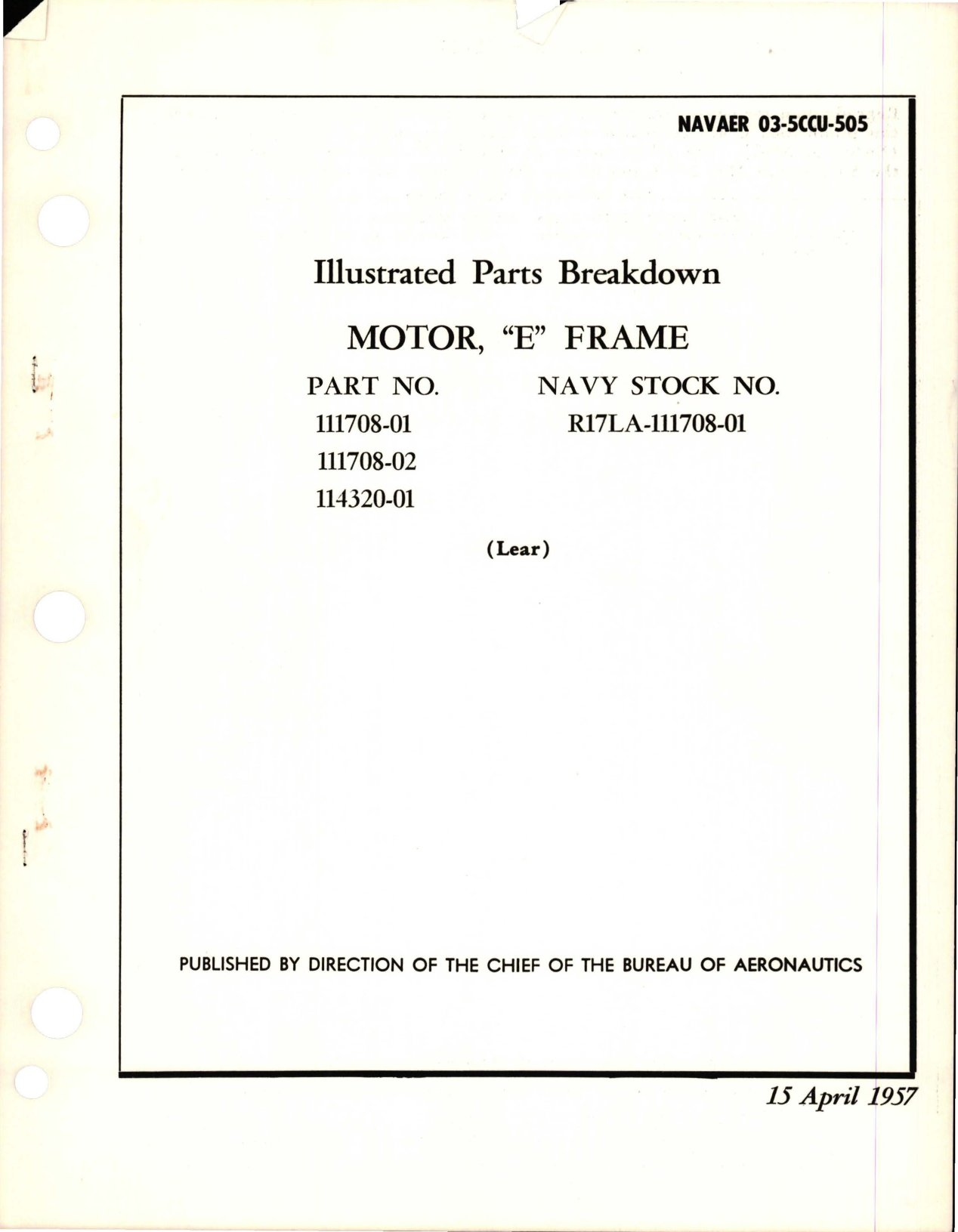 Sample page 1 from AirCorps Library document: Illustrated Parts Breakdown for E Frame Motor - Parts 111708-01, 111708-02, and 114320-01 