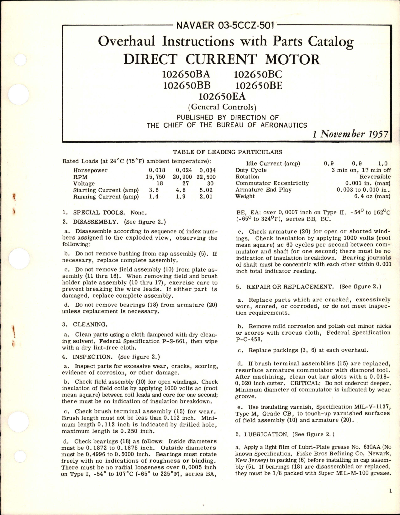 Sample page 1 from AirCorps Library document: Overhaul Instructions w Parts Catalog for Direct Current Motor 