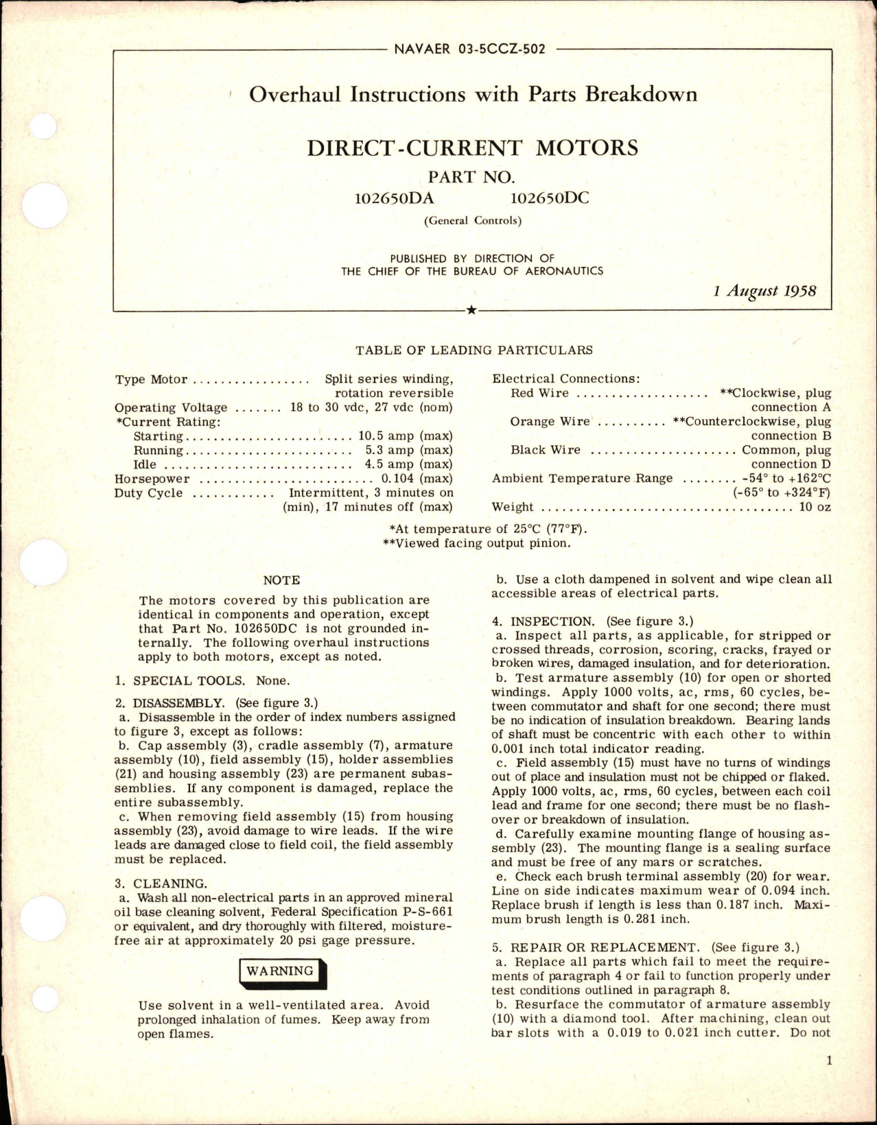 Sample page 1 from AirCorps Library document: Overhaul Instructions with Parts Breakdown for Direct Current Motors - Parts 102650DA and102650DC