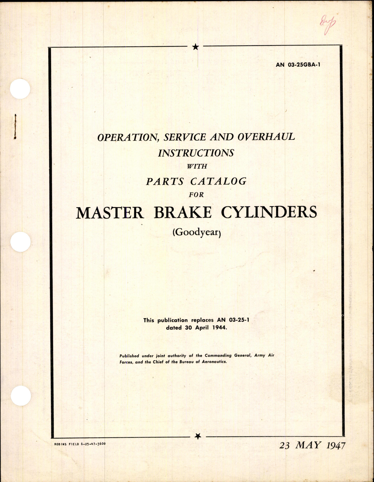 Sample page 1 from AirCorps Library document: Instructions with Parts Catalog for Master Brake Cylinders