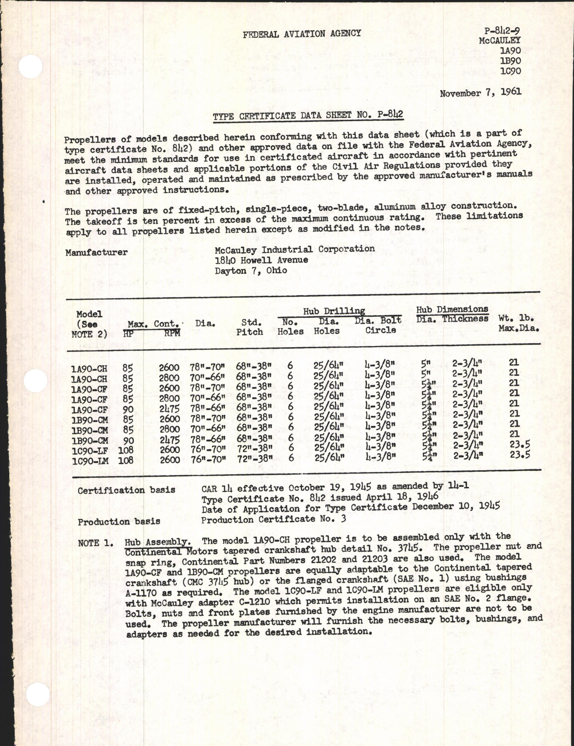 Sample page 1 from AirCorps Library document: 1A90, 1B90, and 1C90 - Type Certificate 