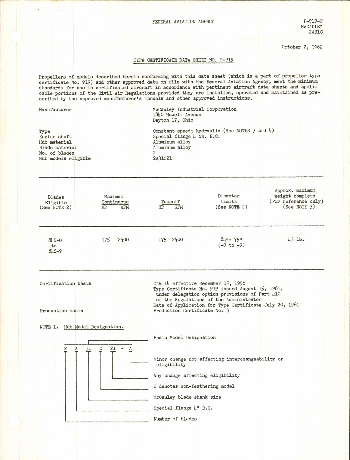 Sample page 1 from AirCorps Library document: 2A31C - Type Certificate 