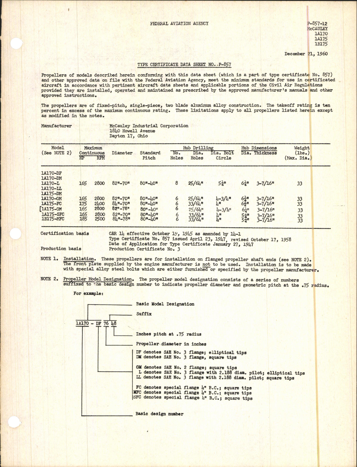 Sample page 1 from AirCorps Library document: 1A170, 1A175, and 1B175 - Type Certificate