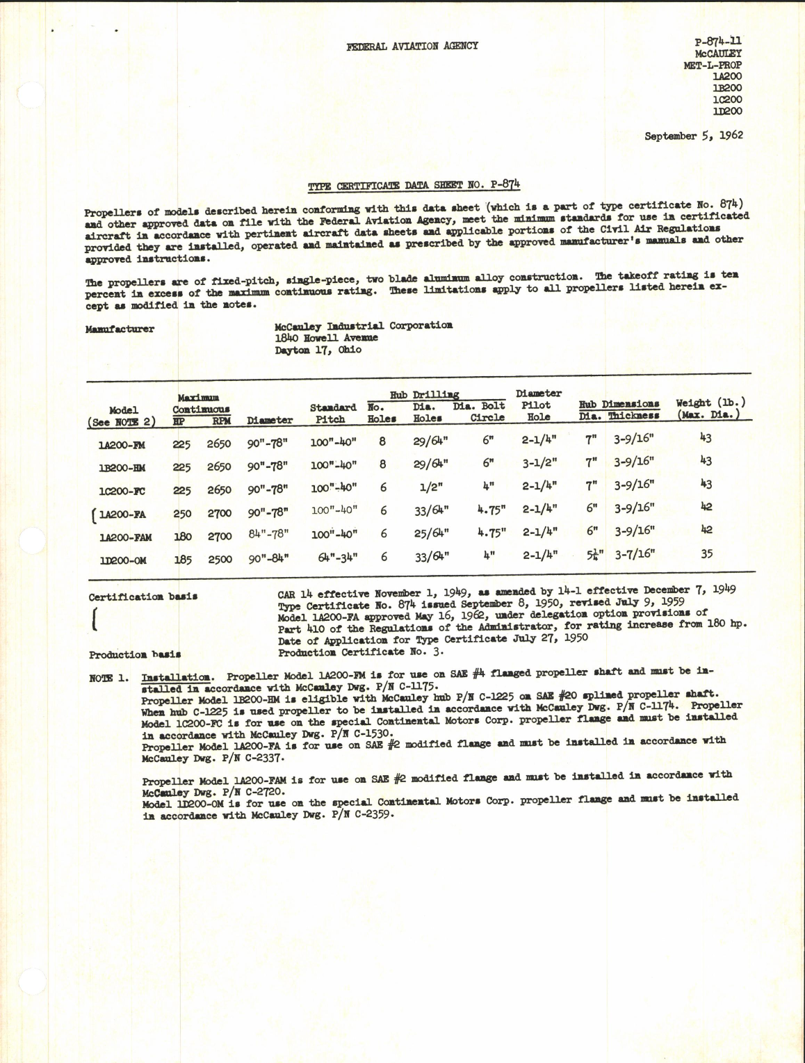 Sample page 1 from AirCorps Library document: 1A200, 1B200, 1C200, and 1D200 - Type Certificate