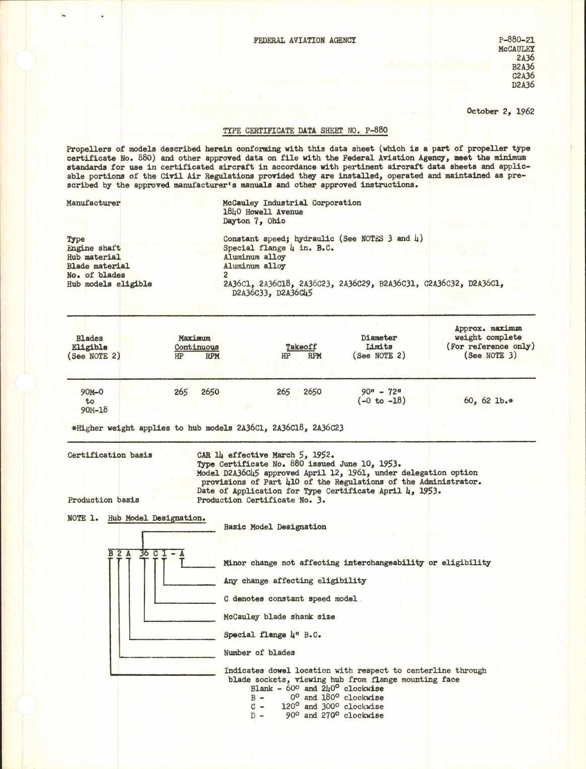 Sample page 1 from AirCorps Library document: 2A36, B2A36, C2A36, and D2A36 - Type Certificate 