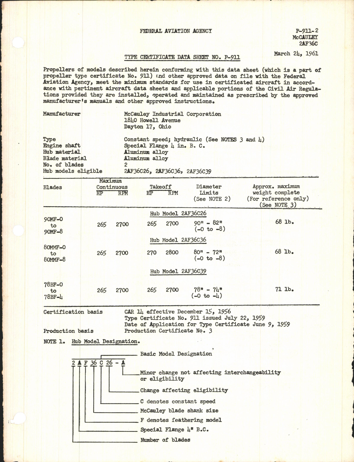 Sample page 1 from AirCorps Library document: 2AF36C - Type Certificate 