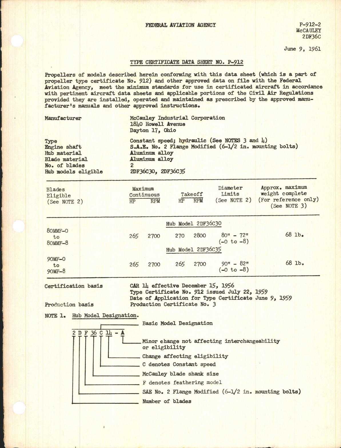 Sample page 1 from AirCorps Library document: 2DF36C - Type Certificate 