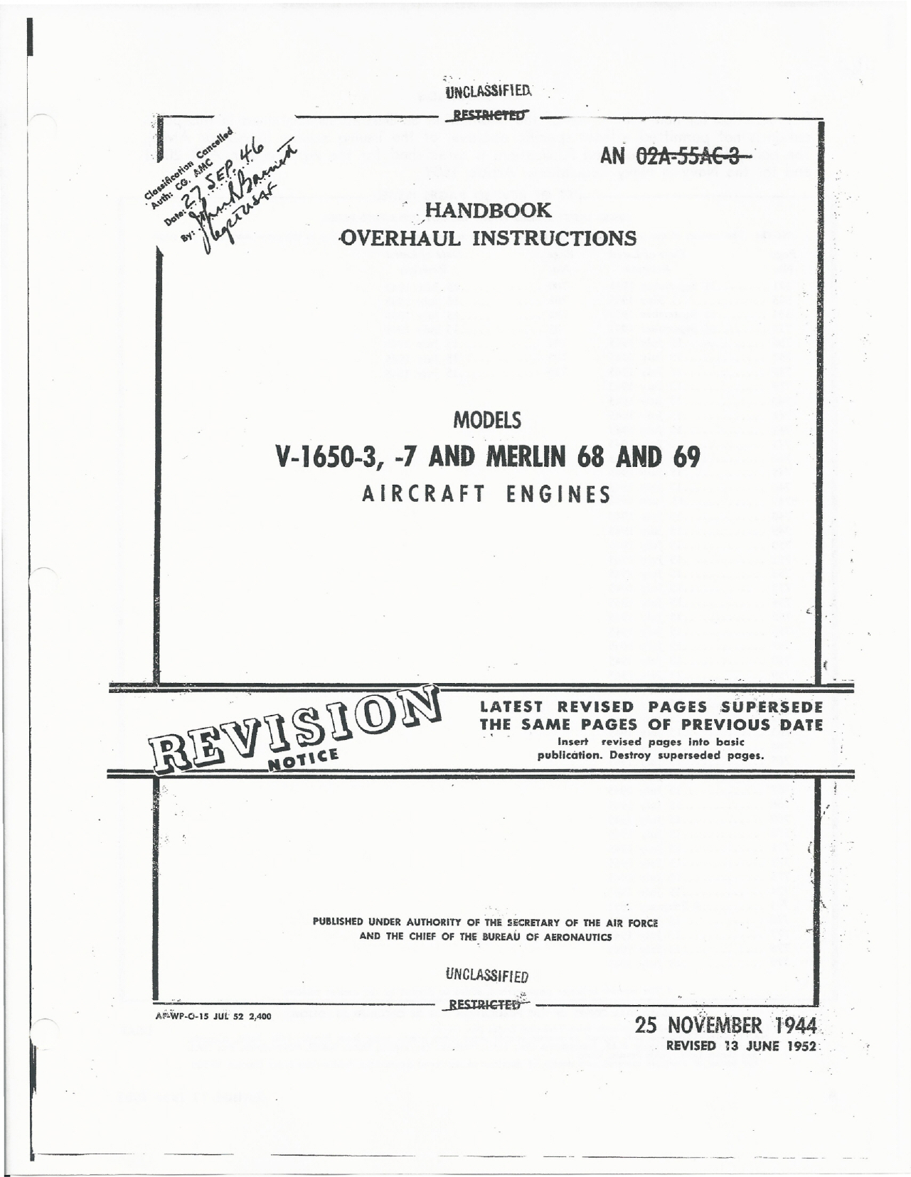 Sample page 1 from AirCorps Library document: Overhaul Instructions for Models V-1650-3, -7, and Merlin 69 & 69 Engines