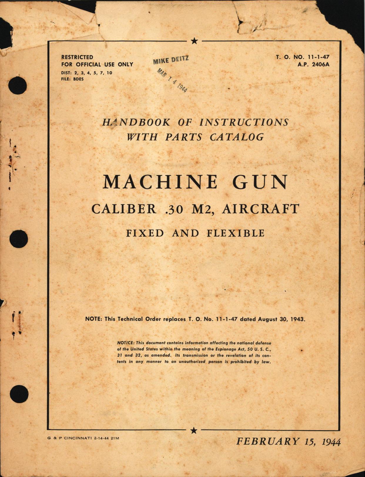 Sample page 1 from AirCorps Library document: Handbook of Instructions with Parts Catalog for .30 Caliber M2 Machine Gun, Fixed and Flexible
