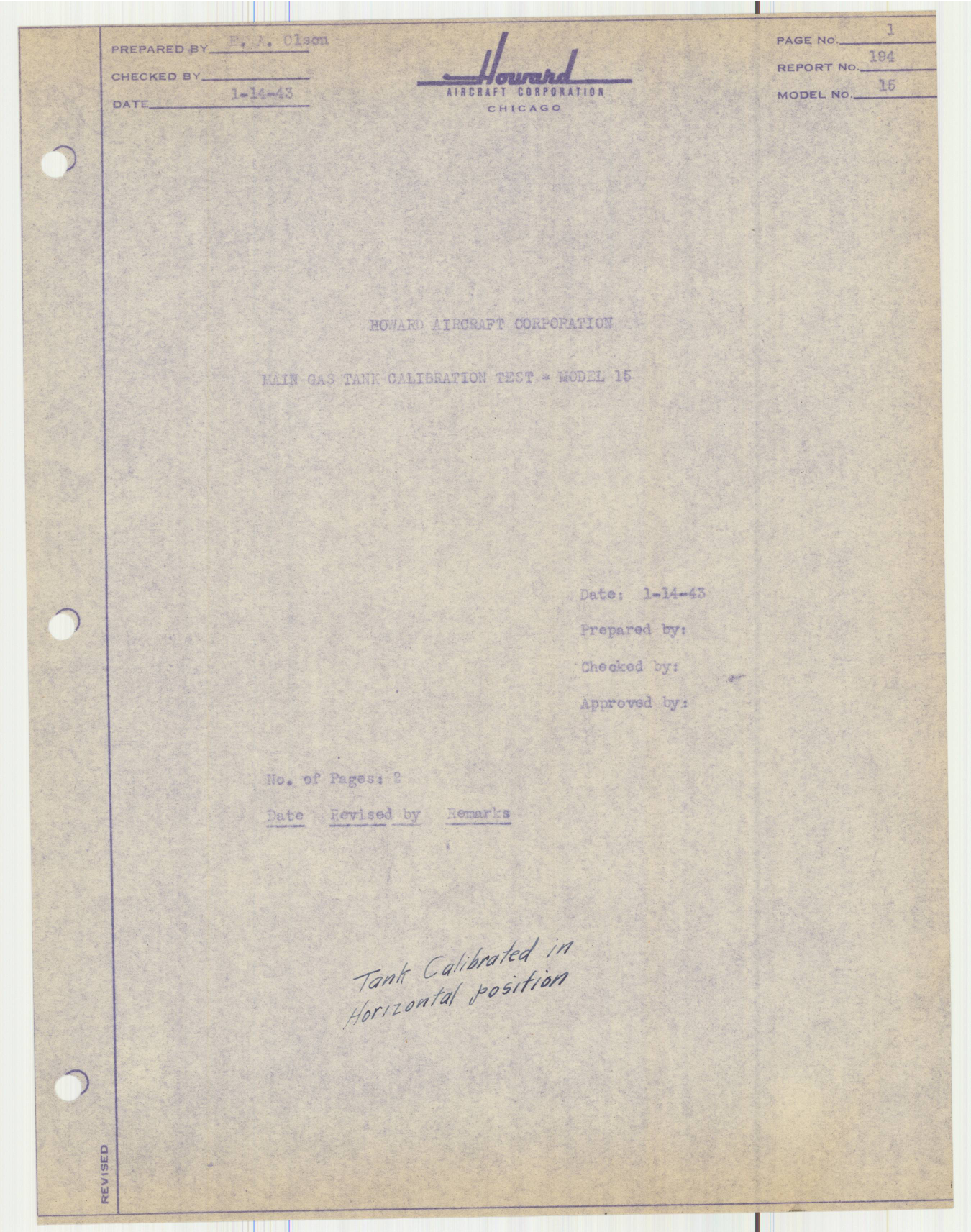 Sample page 2 from AirCorps Library document: Report 194, Main Gas Tank Calibration, DGA-15